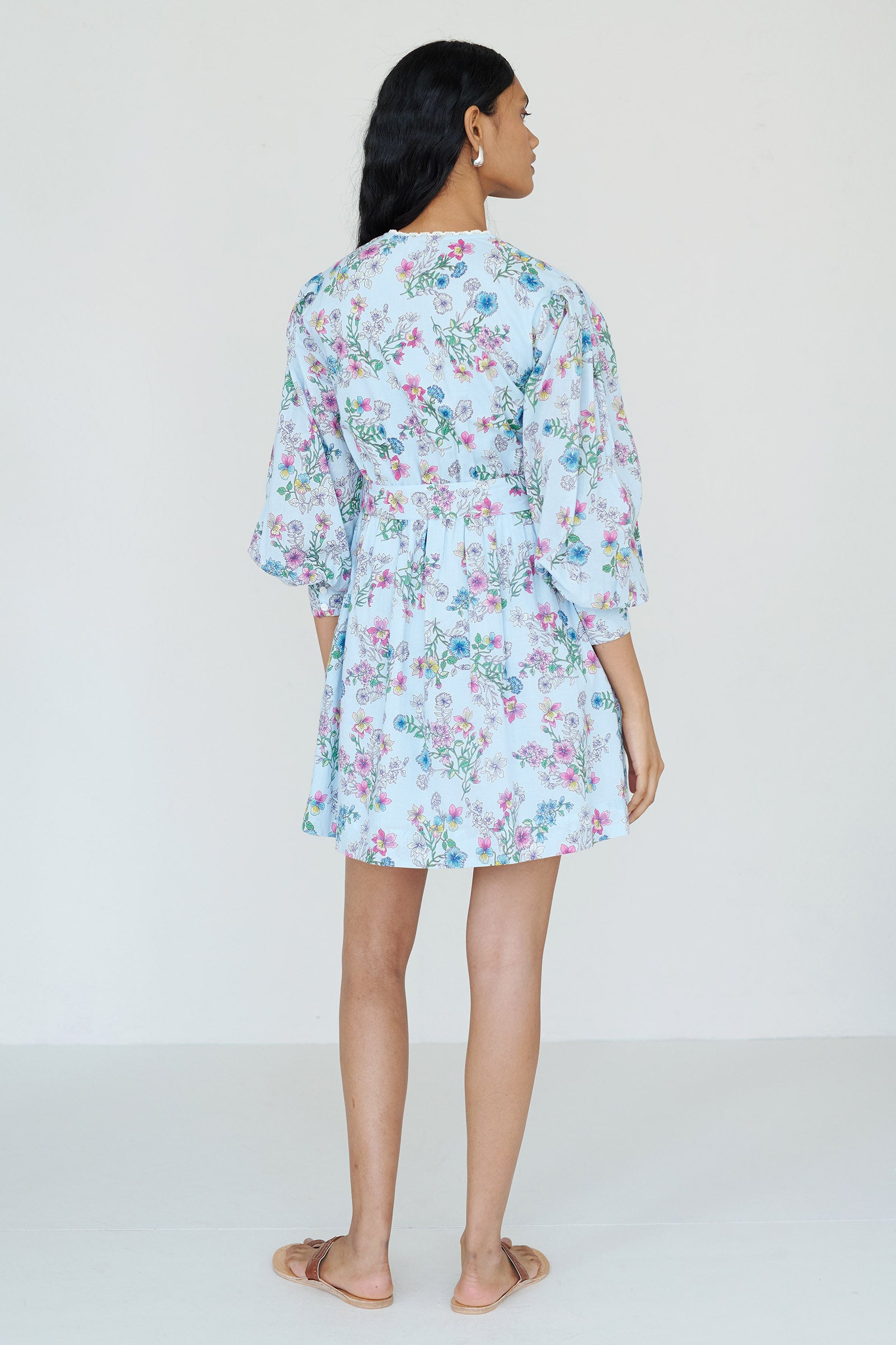 Back view of a woman standing wearing the Anne mini dress in Burdock Imperial print. It features long sleeves, lace-trimmed neck and cuffs, fabric belt, and side-seam pockets.