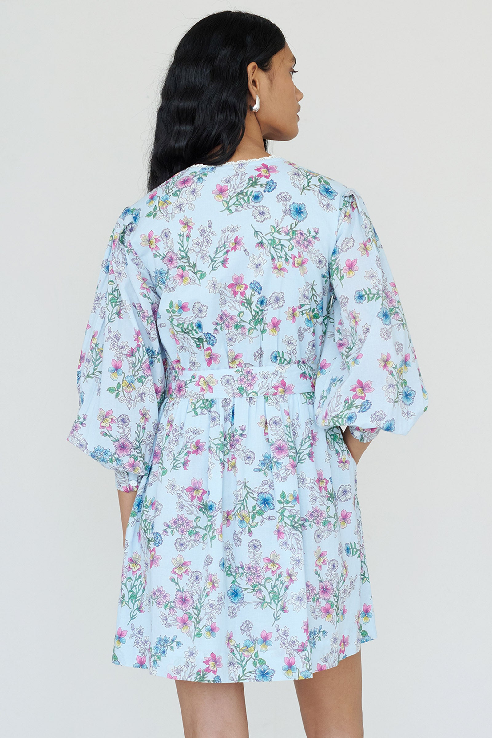 Back view of a woman standing wearing the Anne mini dress in Burdock Imperial print. It features long sleeves, lace-trimmed neck and cuffs, fabric belt, and side-seam pockets.