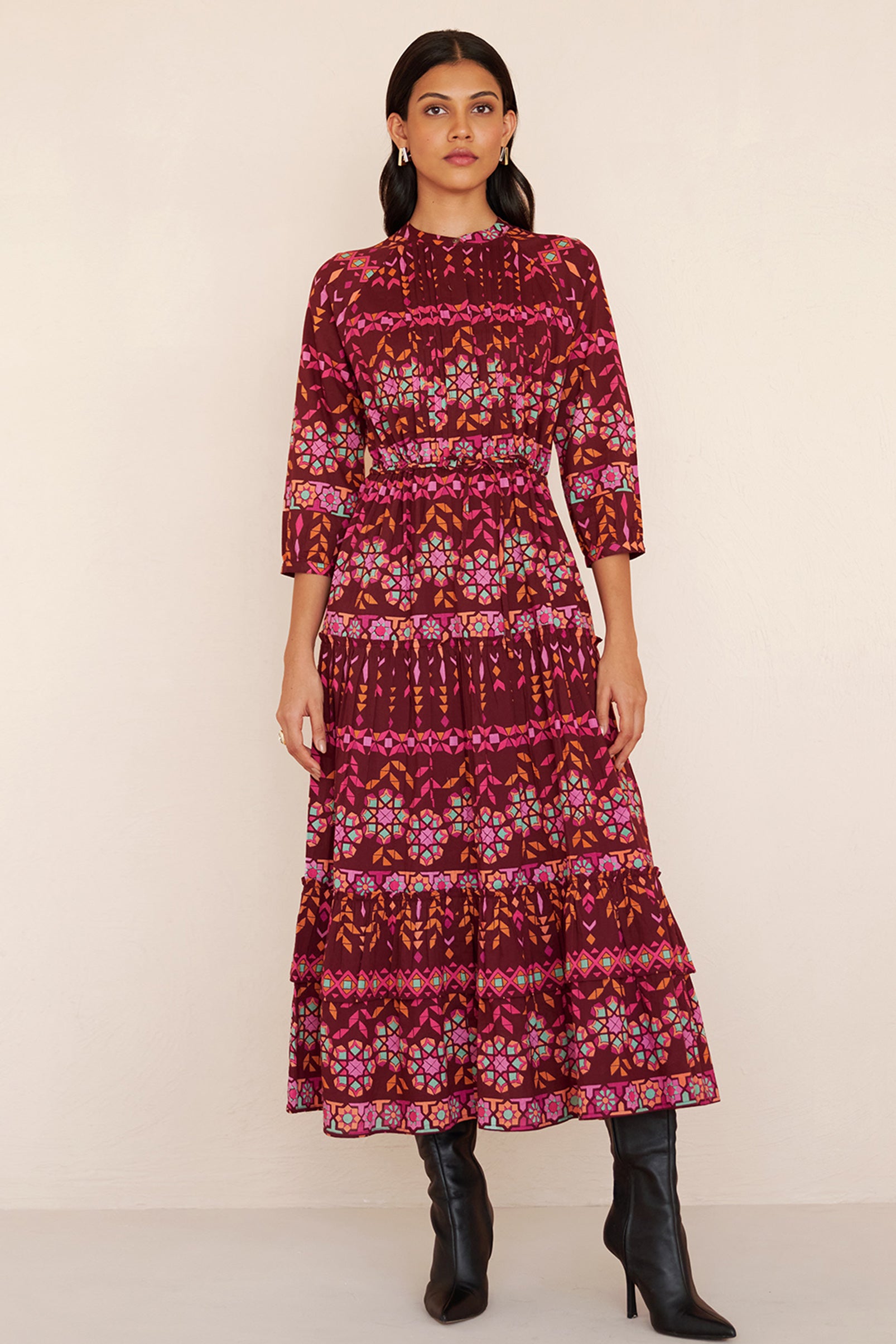 open lace back dress Bazaar Dress Tapestry Rhubarb - Long-Sleeve Tiered Dress