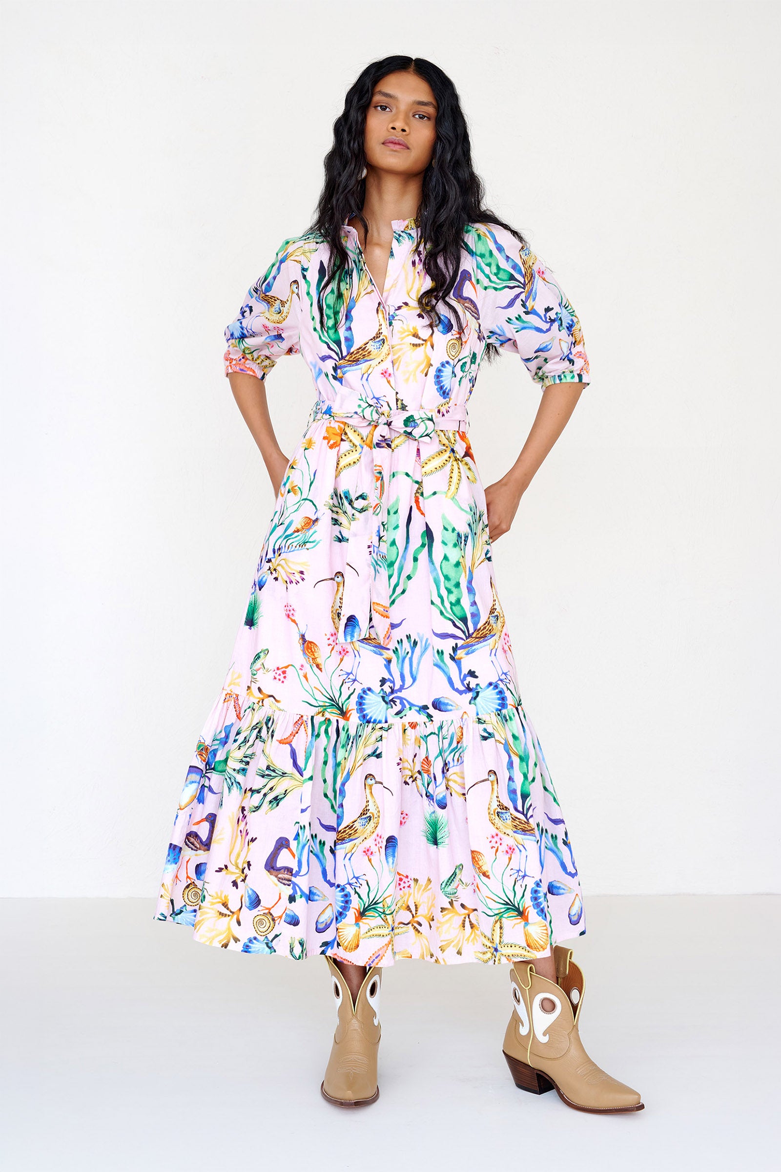 Betty Dress Tidepool Conch - Gathered Cotton Voile Dress | Banjanan