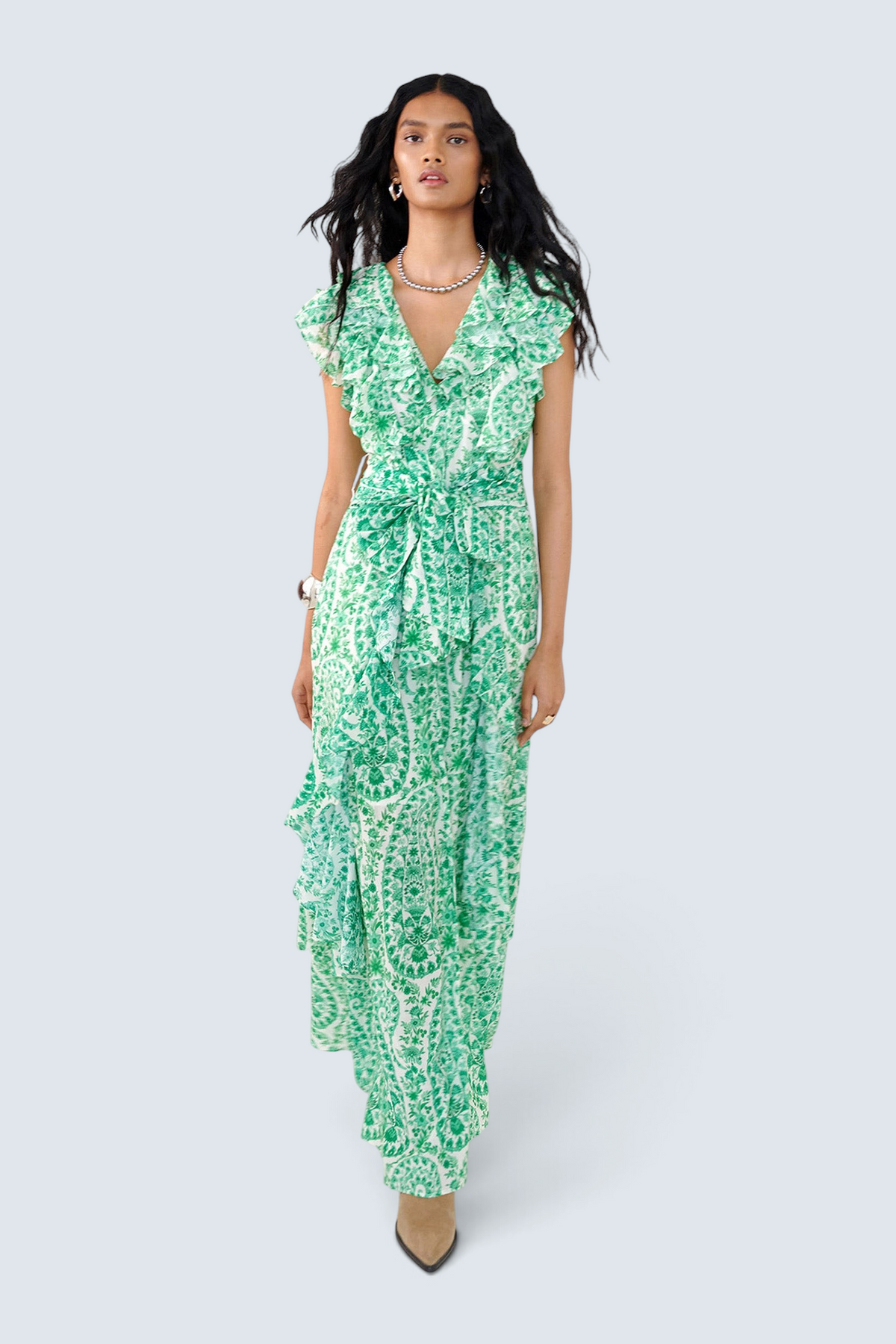 Banjanan Beatrice full-length dress in green paisley cotton silk with ruffled bodice and waist tie