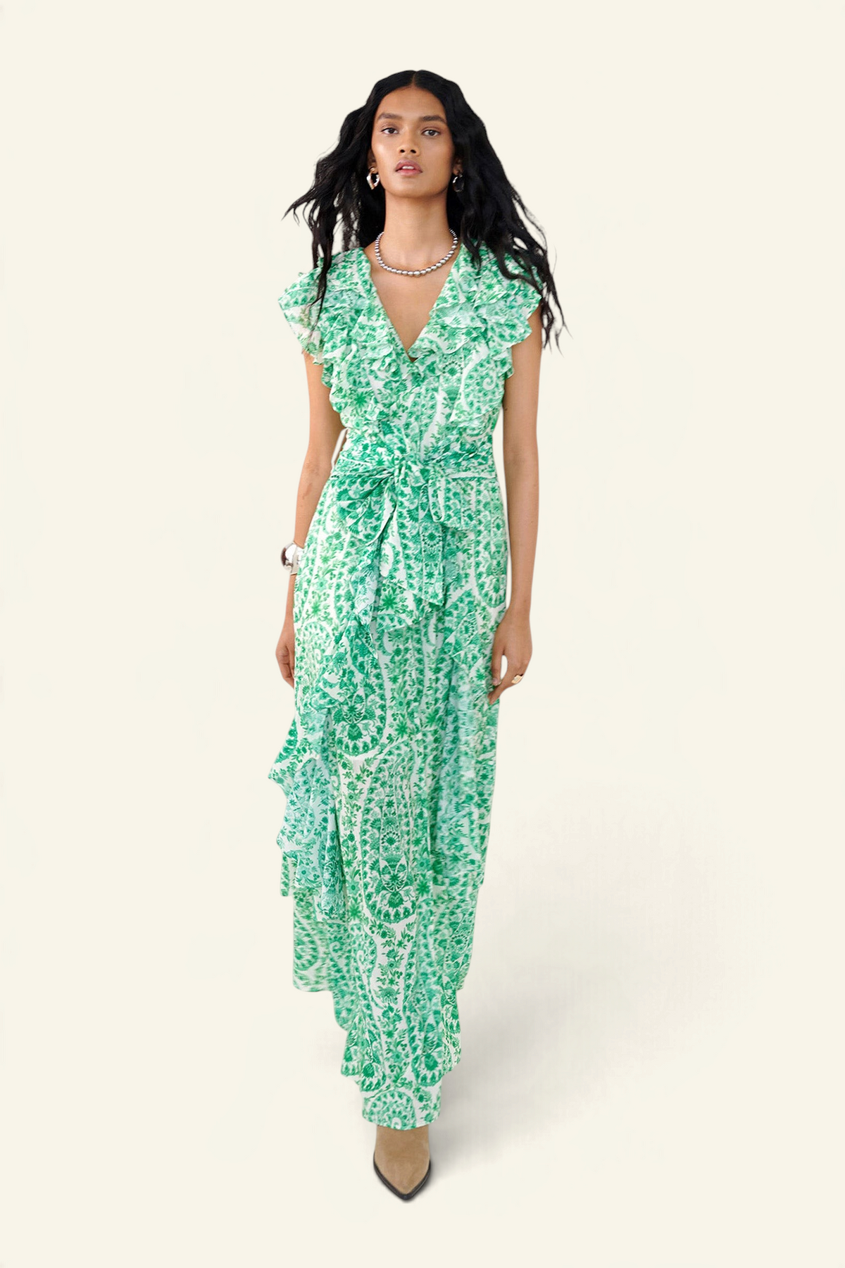 Banjanan Beatrice full-length dress in green paisley cotton silk with ruffled bodice and waist tie
