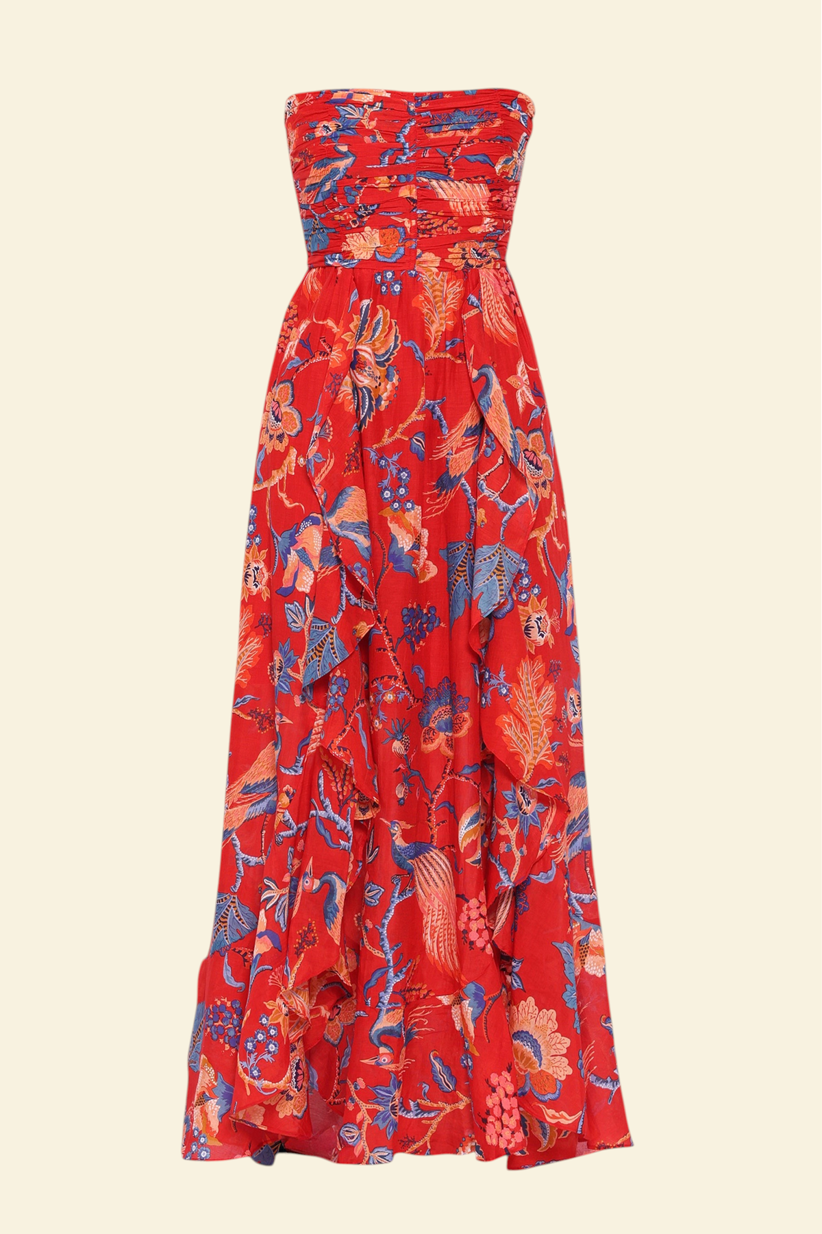 Banjanan Bella full-length dress in red Chintz print cotton silk with a ruched bodice and cascading ruffled skirt.