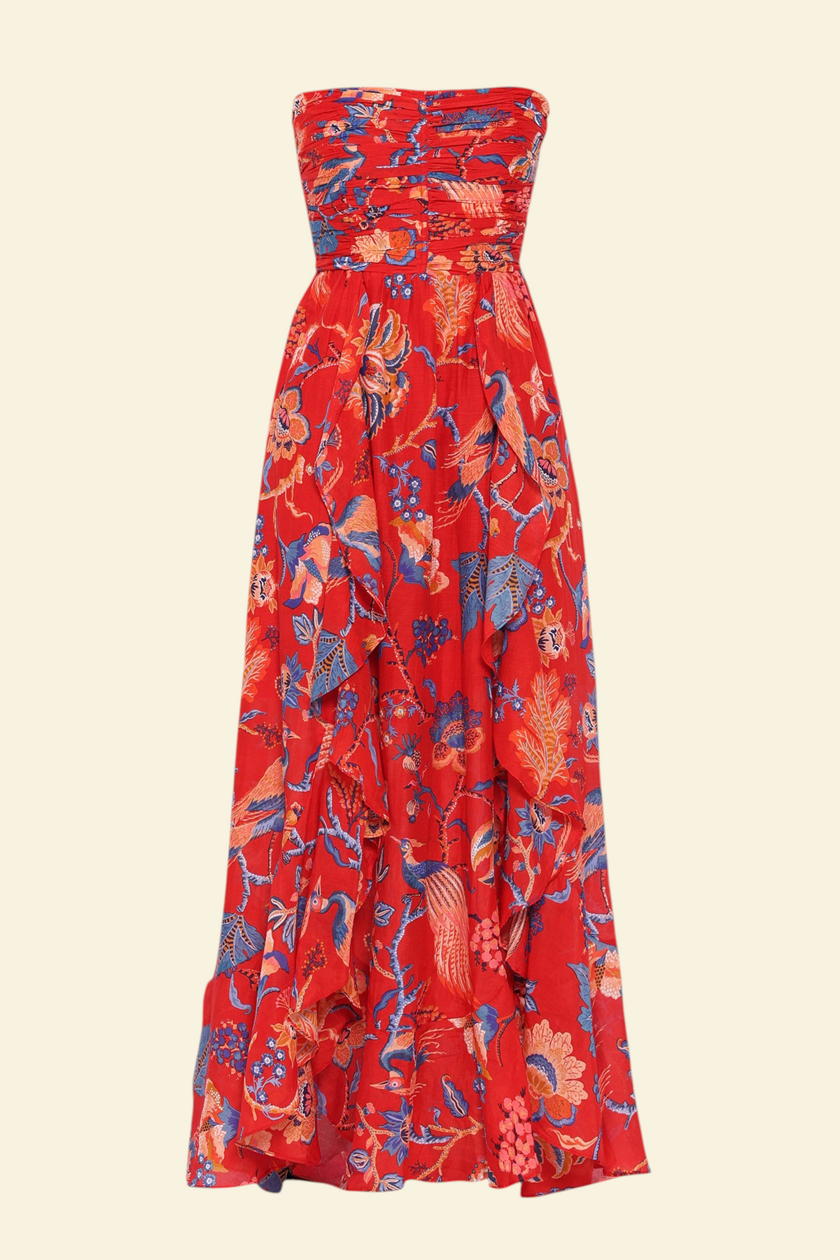Banjanan Bella full-length dress in red Chintz print cotton silk with a ruched bodice and cascading ruffled skirt.