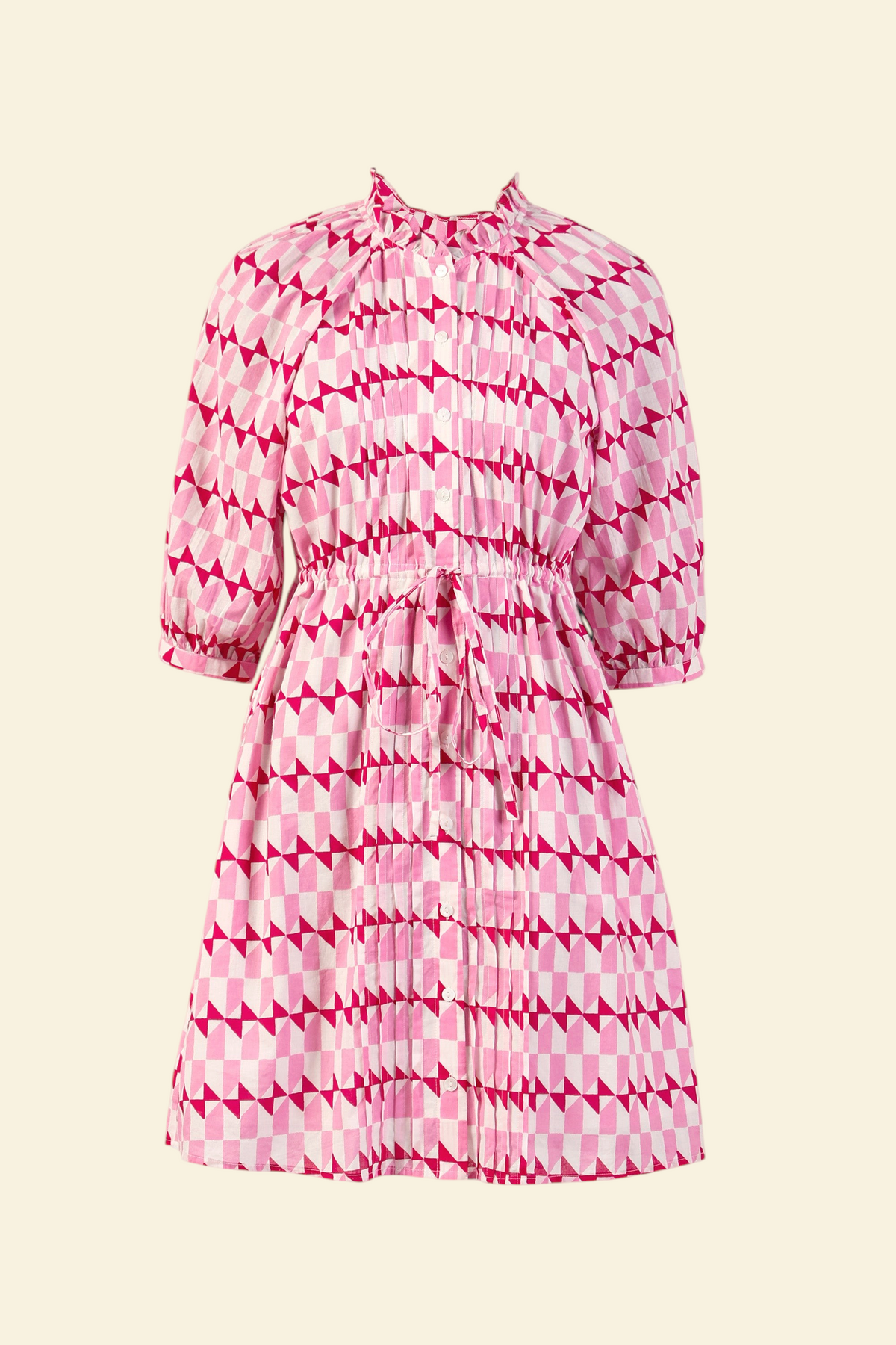 Front view of the Benita shirtdress in Stevie geometric print with button front, drawstring waist, and side pockets.