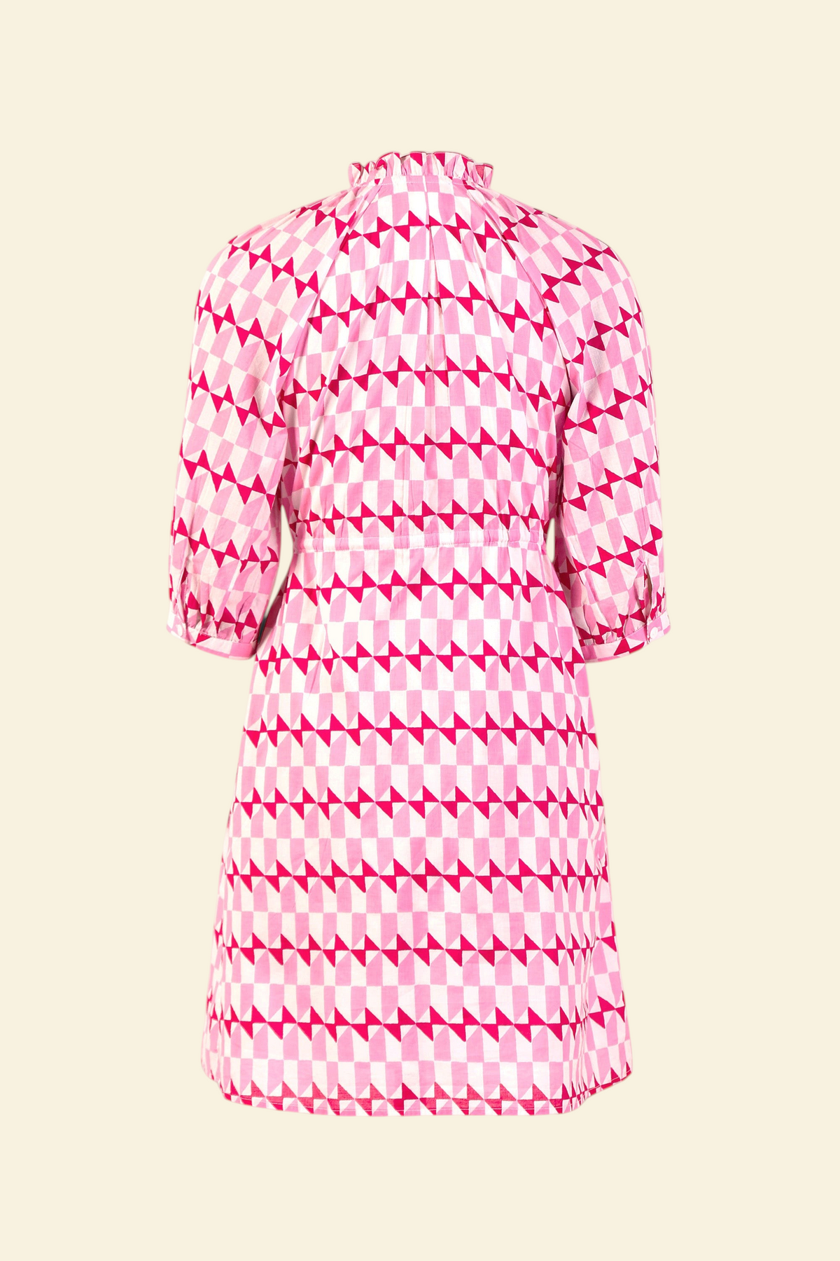 Back view of the Benita shirtdress in Stevie geometric print with button front, drawstring waist, and side pockets.