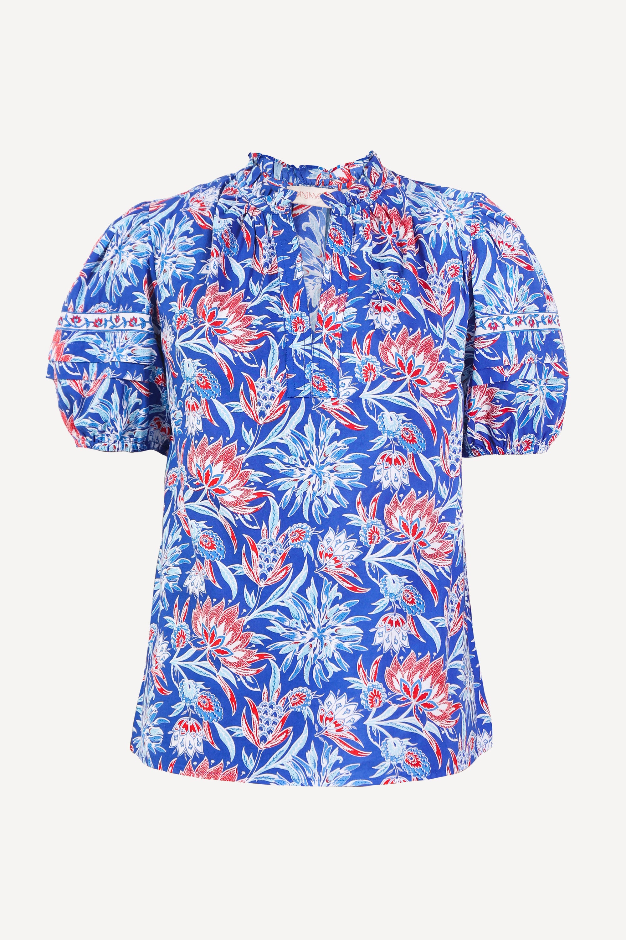 Front view of the Bronte top in Philippa floral print with front opening, contrast trim, and pleated sleeves.