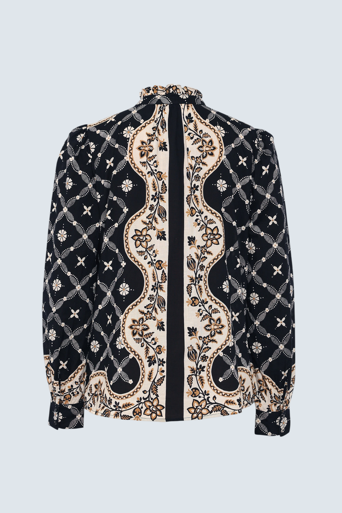 Back view of Banjanan Christina shirt in black with a cream Victorian-inspired bandana print, frilled collar, and puffed sleeves.