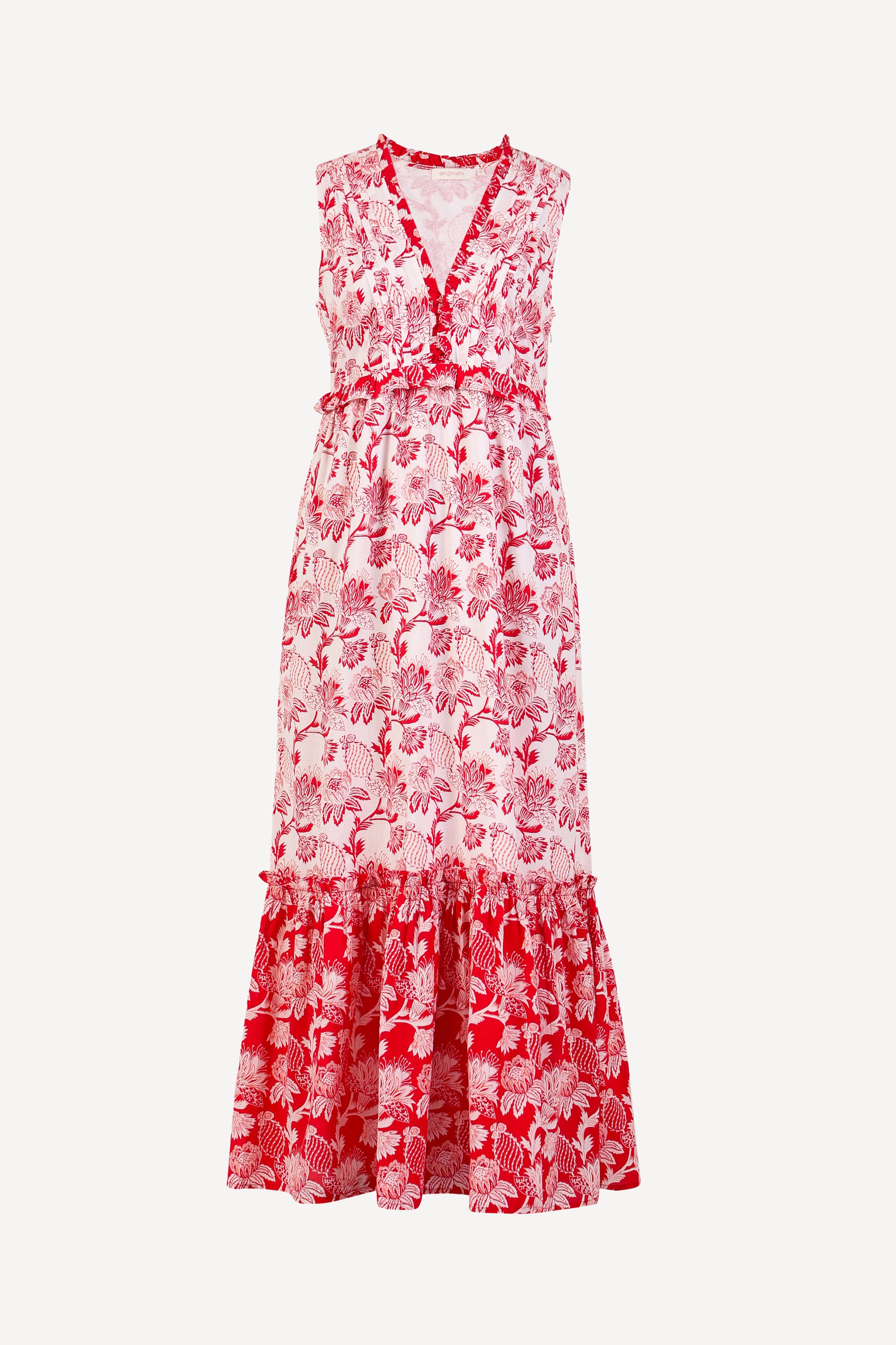 Front view of the Constance dress in the Lizzie print, featuring an A-line silhouette, pleated neckline, soft frill details, and floral vine motifs inspired by Provence.