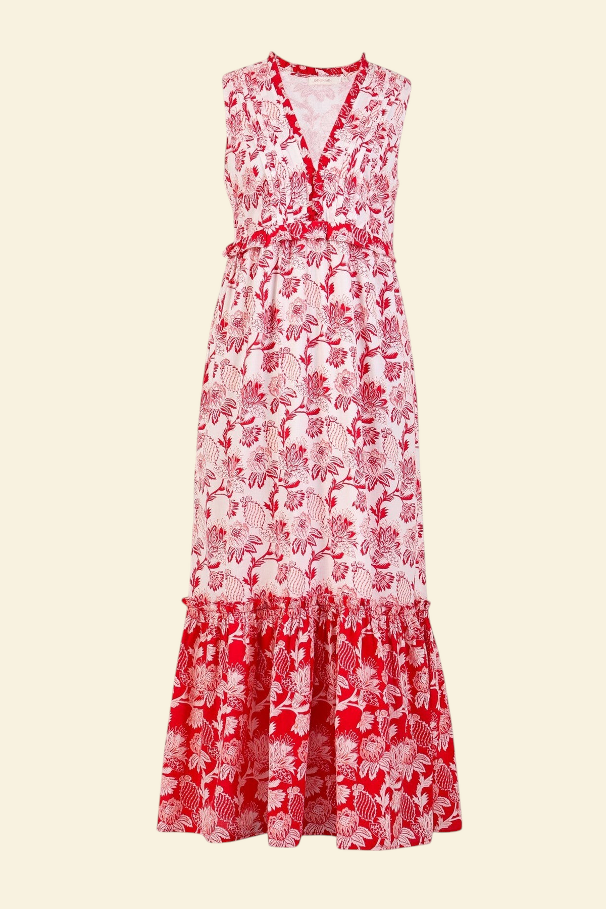 Banjanan Constance A-line dress in scarlet Lizzie poppy print cotton voile with pleated neckline and frill details.