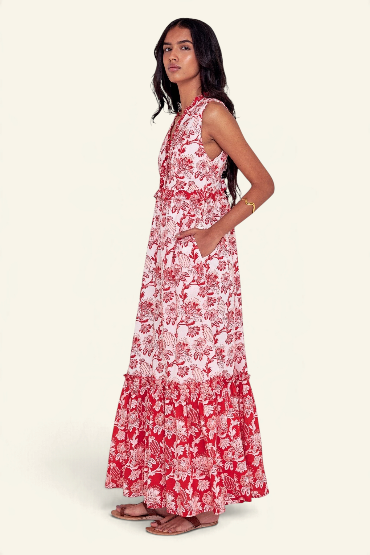 Banjanan Constance dress in Lizzie Poppy Scarlet floral cotton voile with pleated neckline and side-seam pockets