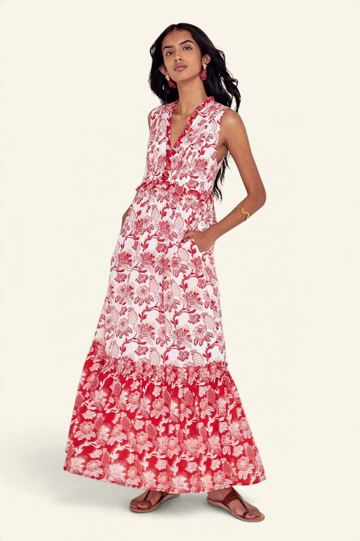Banjanan Constance dress in Lizzie Poppy Scarlet floral print cotton voile with pleated neckline and tiered skirt.