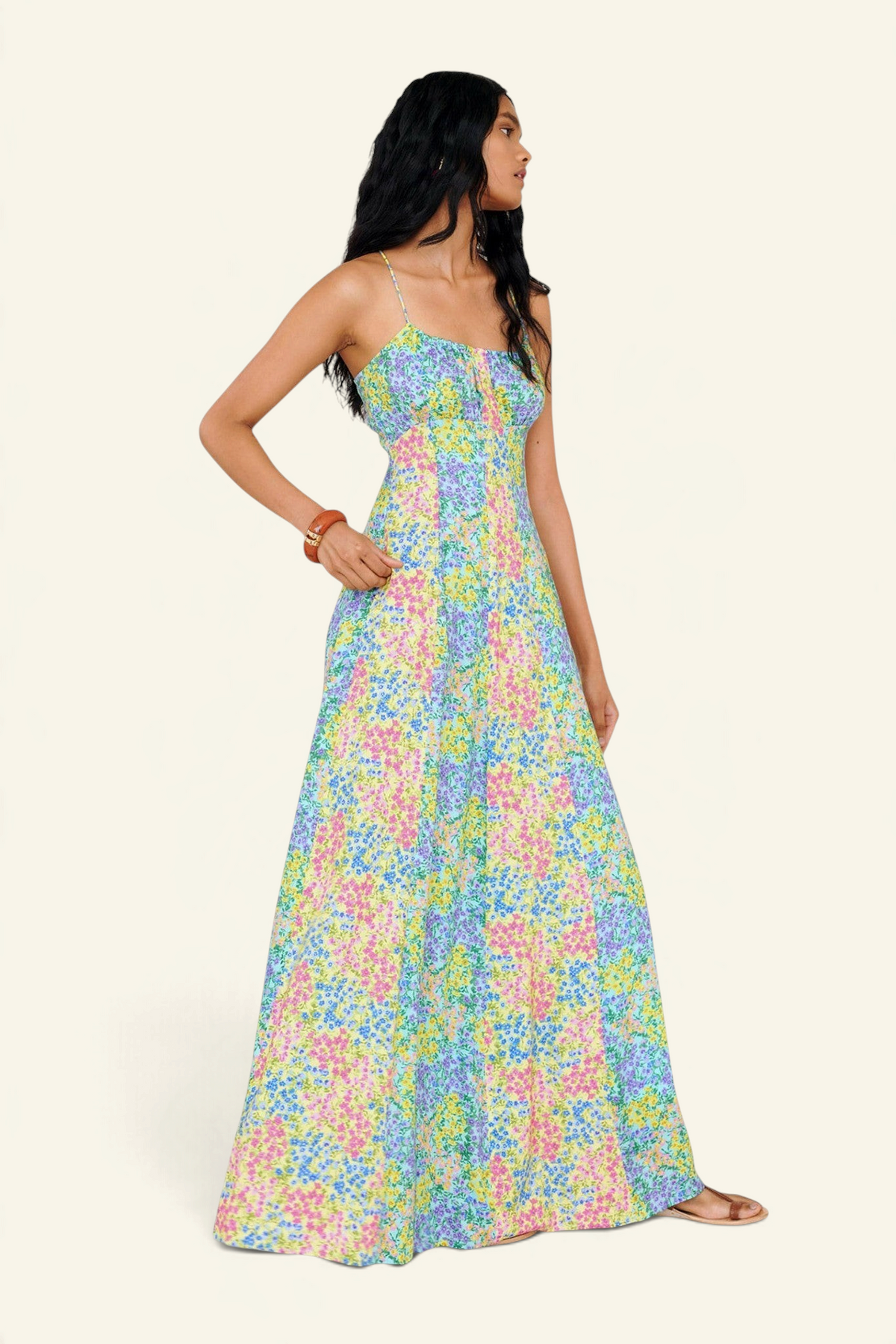 Banjanan Davina floral maxi dress with adjustable straps, paneled skirt, and side pockets in harebell colorway.