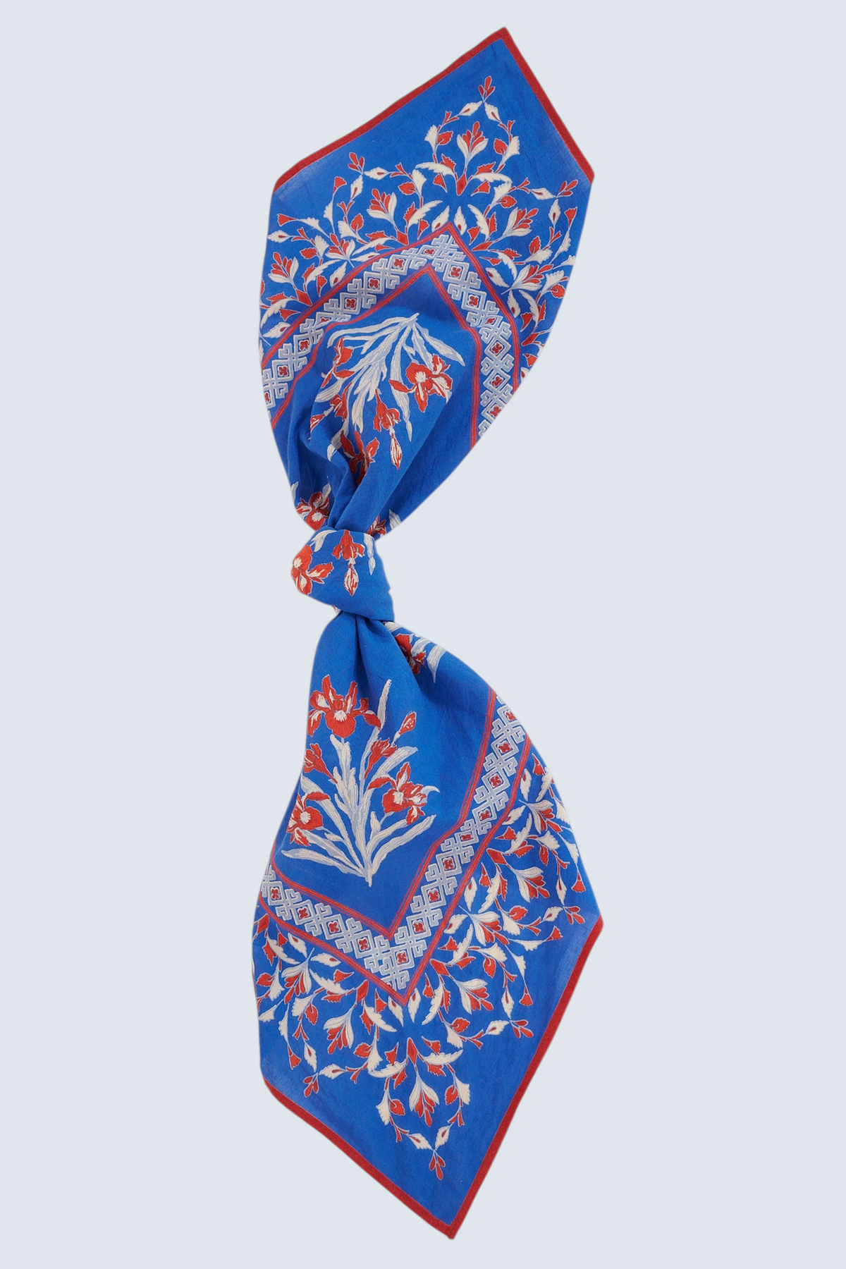The Frances scarf in the Brigitte print featuring blooming irises inspired by Van Gogh’s Provencal gardens
