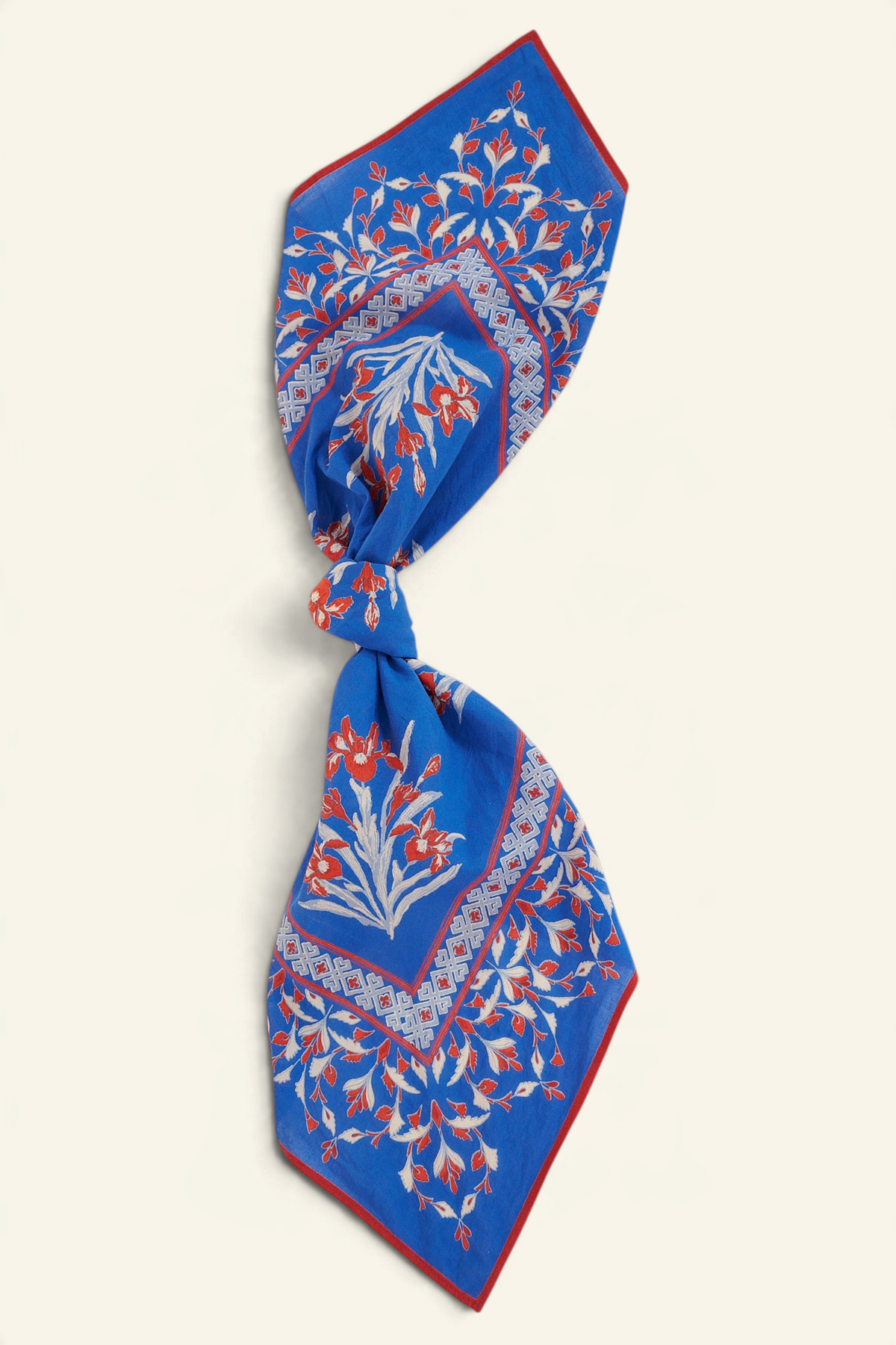 The Frances scarf in the Brigitte print featuring blooming irises inspired by Van Gogh’s Provencal gardens
