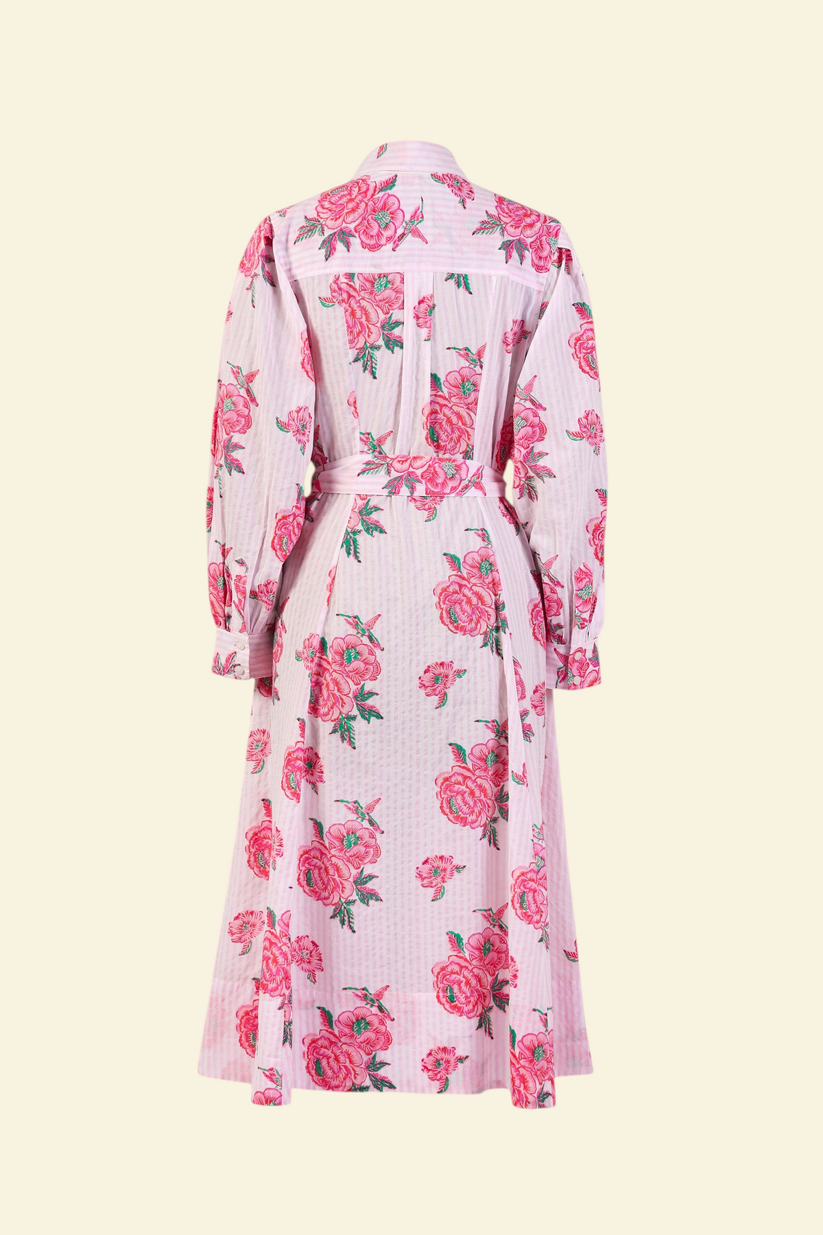 Back view the Harris fitted shirtdress in striped cotton with rose and hummingbird block print, tie belt, and flared skirt with godets.