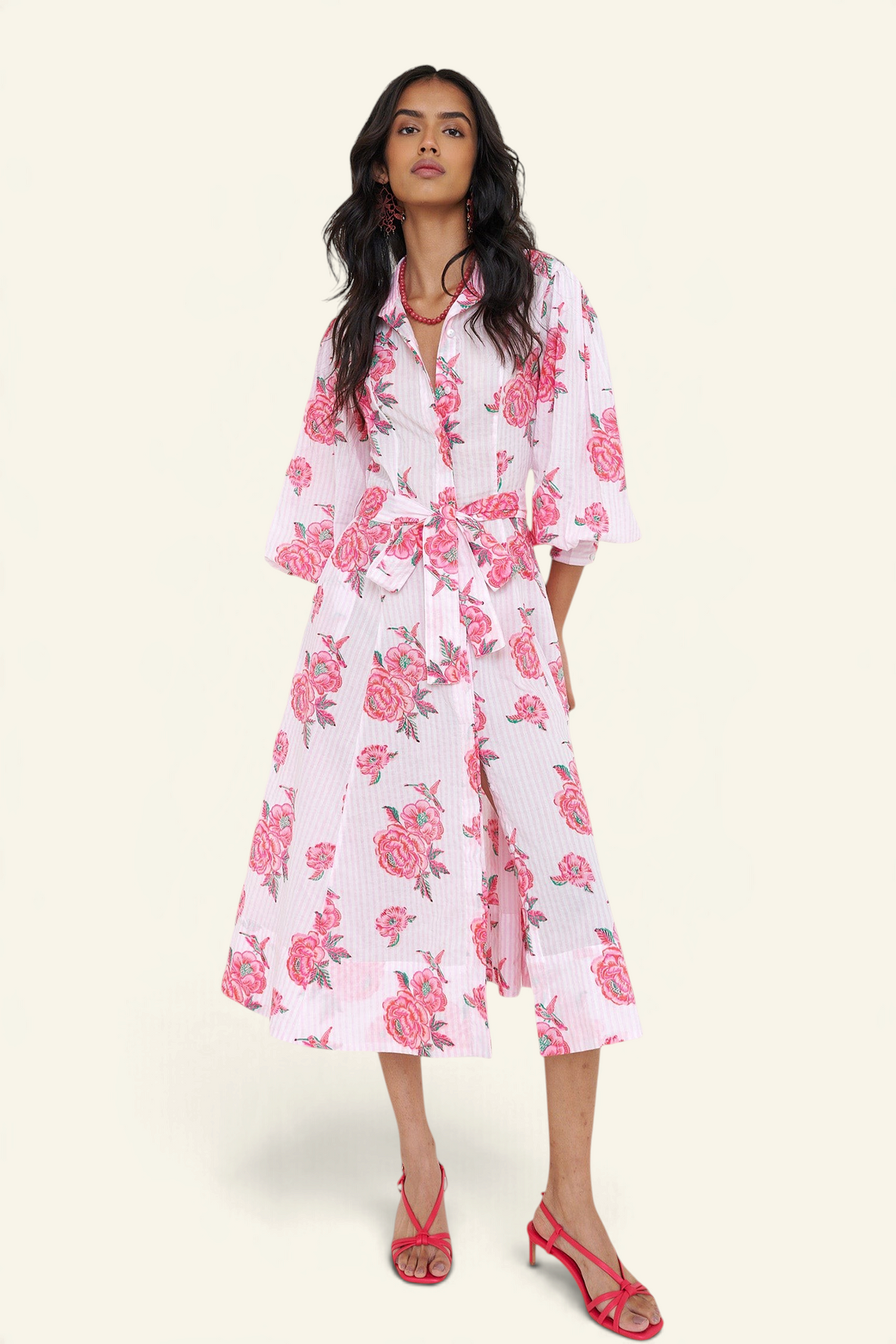 Banjanan Harris shirtdress in pink striped cotton with hand-printed rose and hummingbird pattern and tie waist belt.