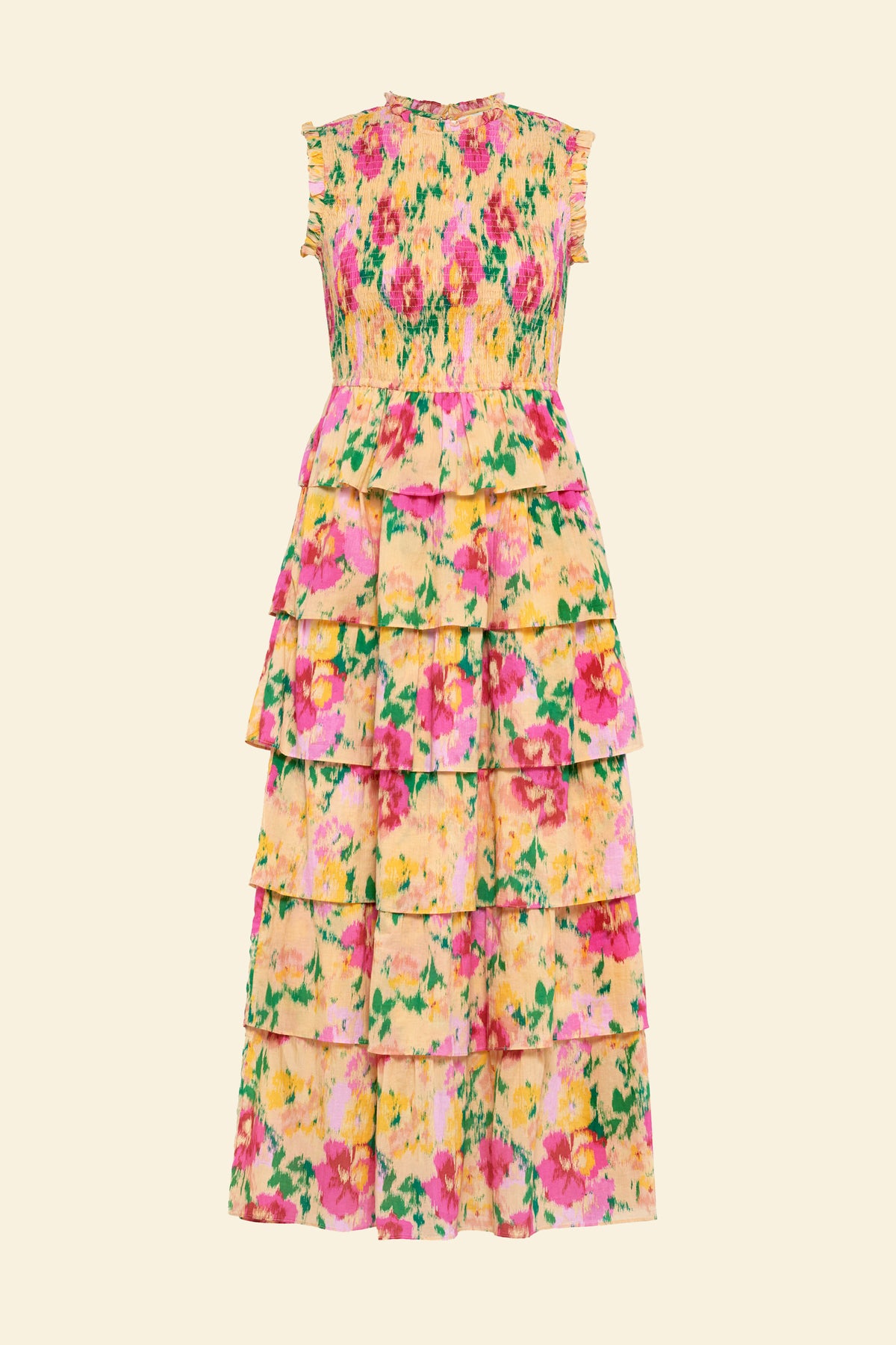 Front view product image of the Irene dress in Damask Rose floral print, featuring a smocked bodice, frilled neckline and sleeves, and a flowing tiered ankle-length skirt.