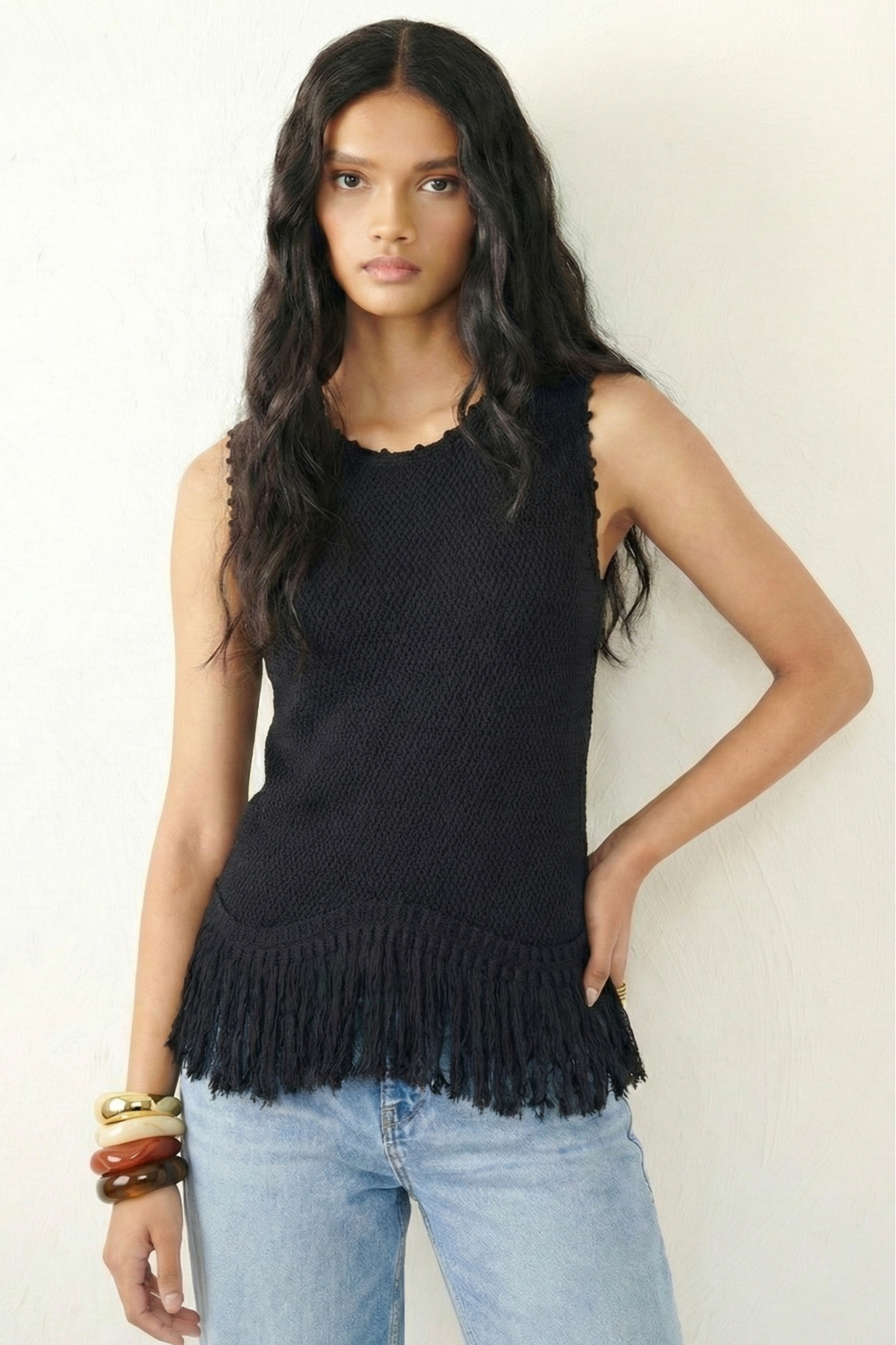 トップス Acka fringe short knit fringe american sleeve tops – Acka online store