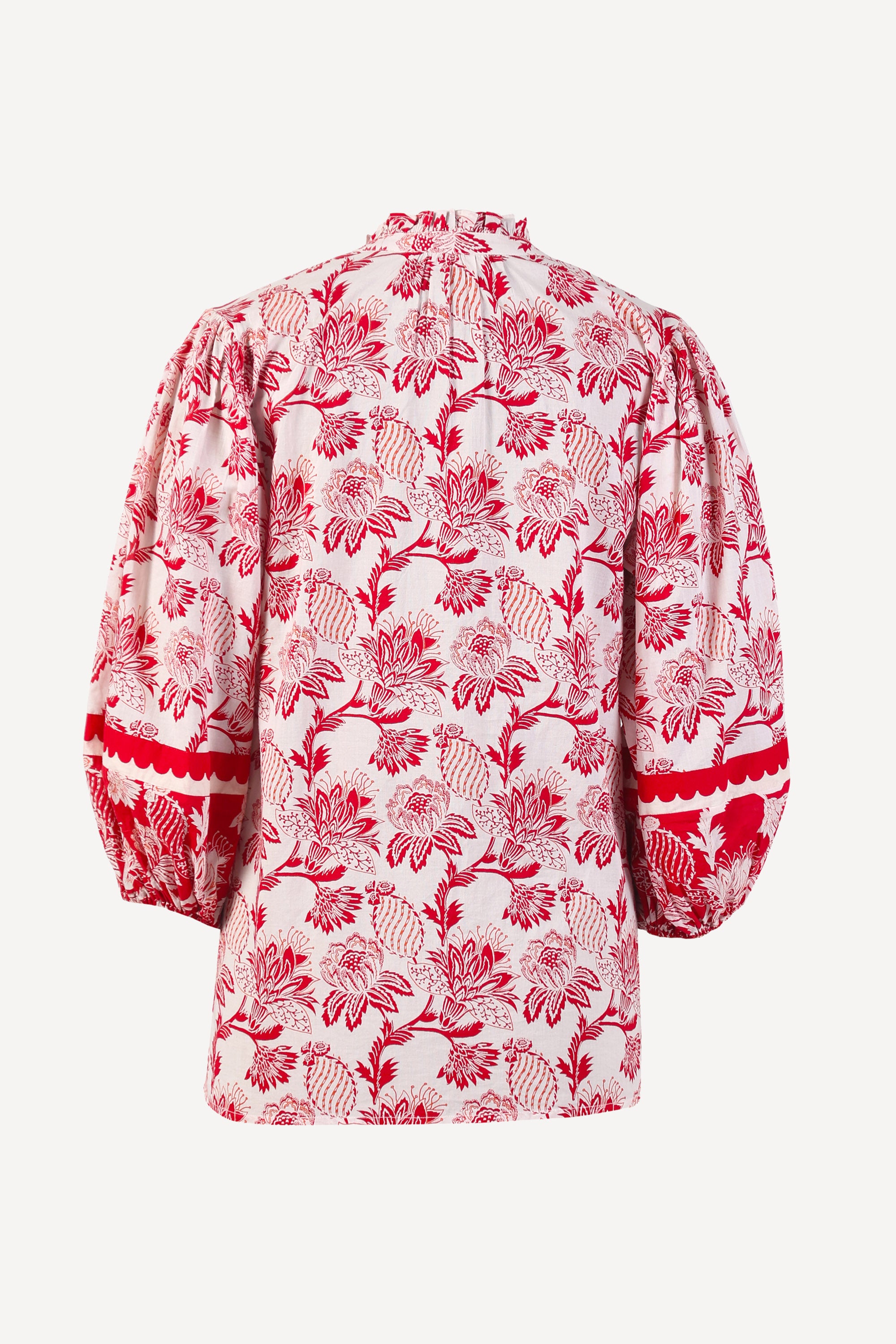 Front view of the Lorna top in the Lizzie print, featuring a V-neck with a soft ruffle, adjustable tie closure, voluminous sleeves, and winding floral vine motifs.