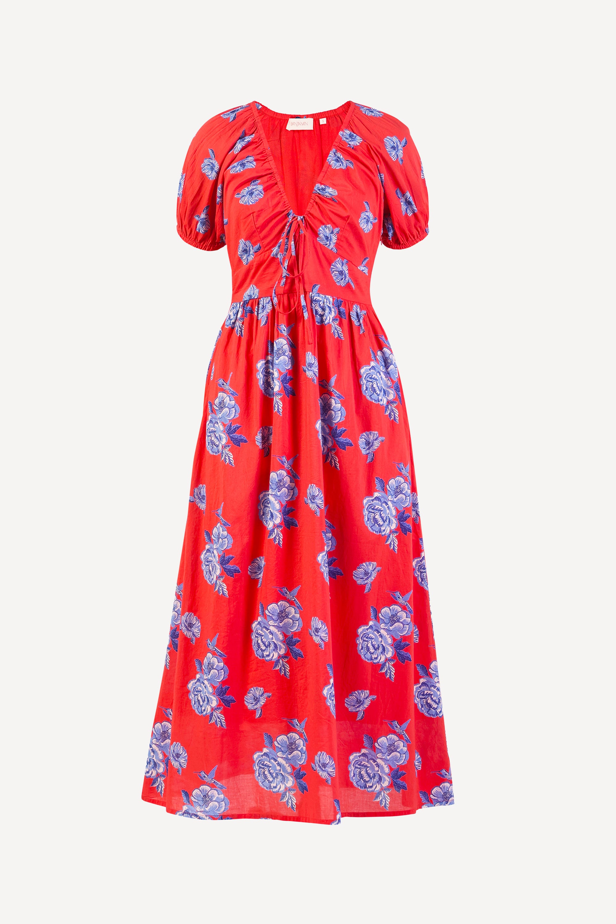 Front view of the Norma dress in Eliza Rose floral print with drawstring neckline, puff sleeves, fitted waist, and side pockets.