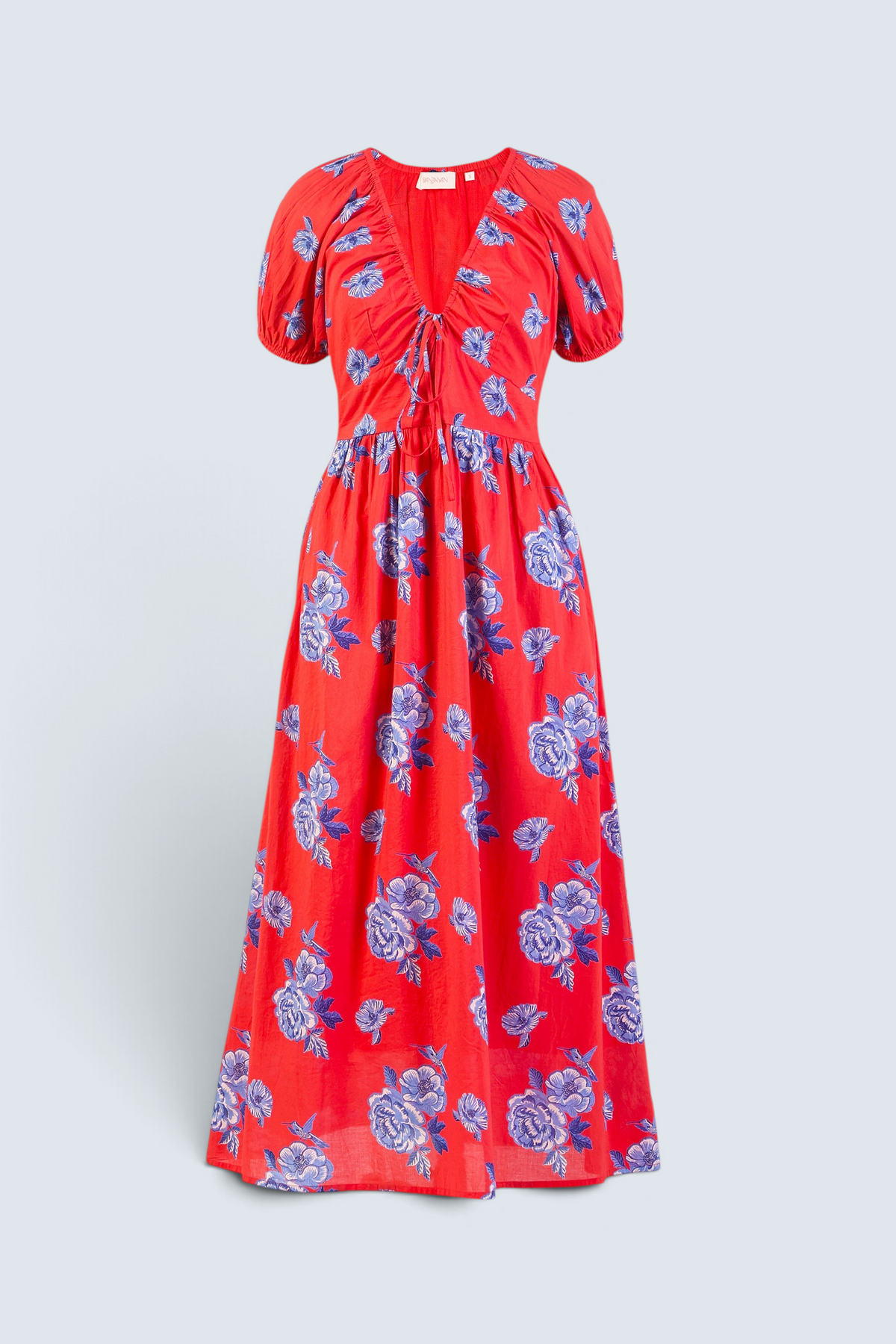 Front view of the Norma dress in Eliza Rose floral print with drawstring neckline, puff sleeves, fitted waist, and side pockets.
