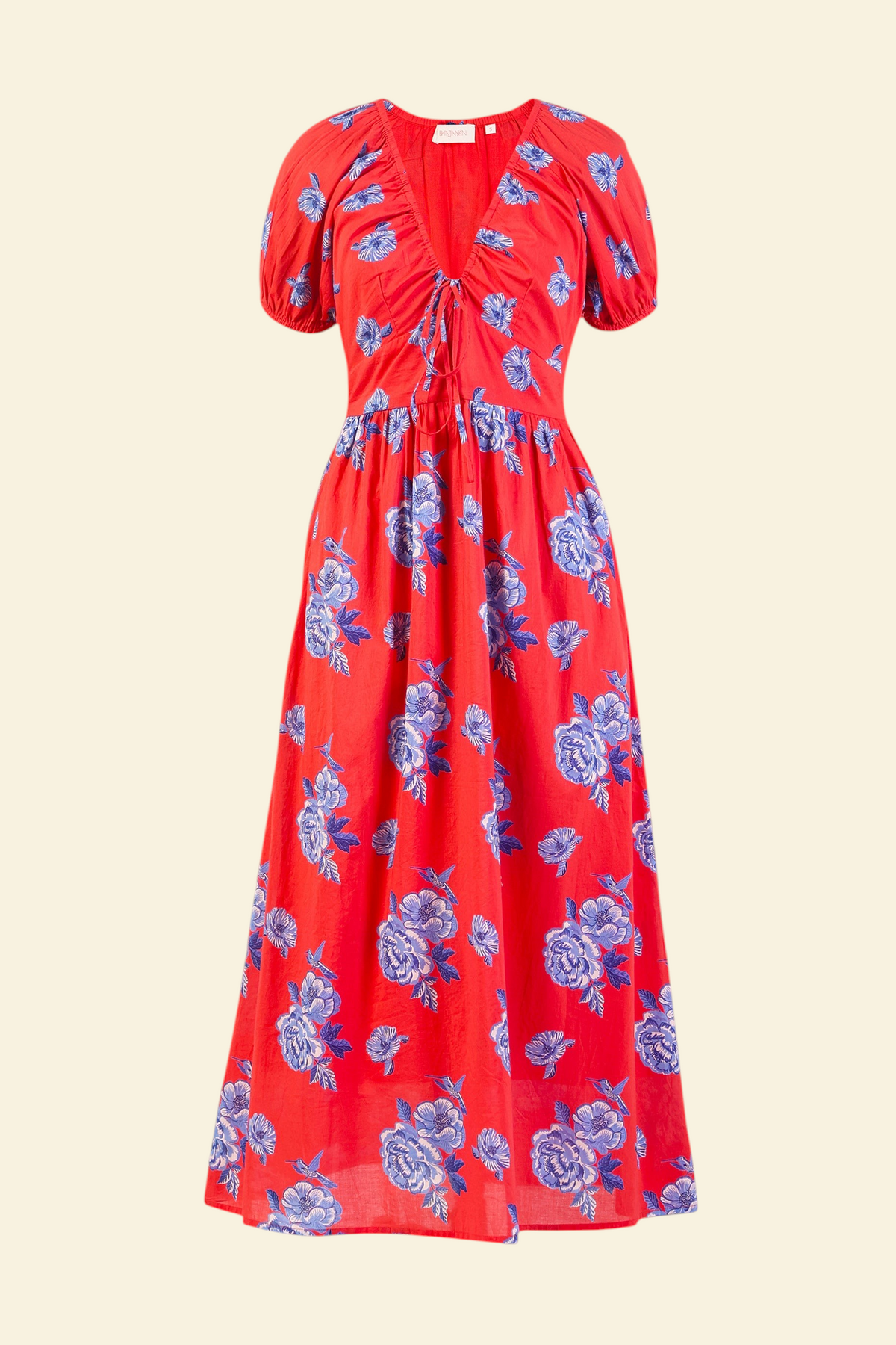 Front view of the Norma dress in Eliza Rose floral print with drawstring neckline, puff sleeves, fitted waist, and side pockets.