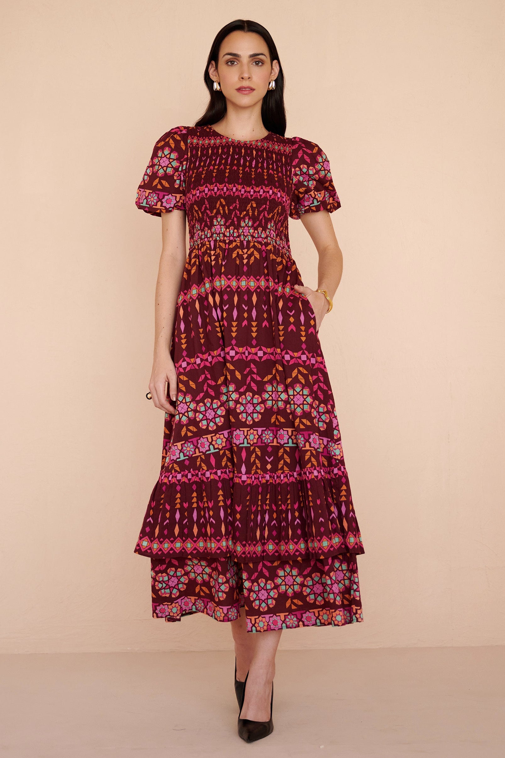 fitted lace wedding dress Quant Dress Tapestry Rhubarb - Smocked Midi Dress