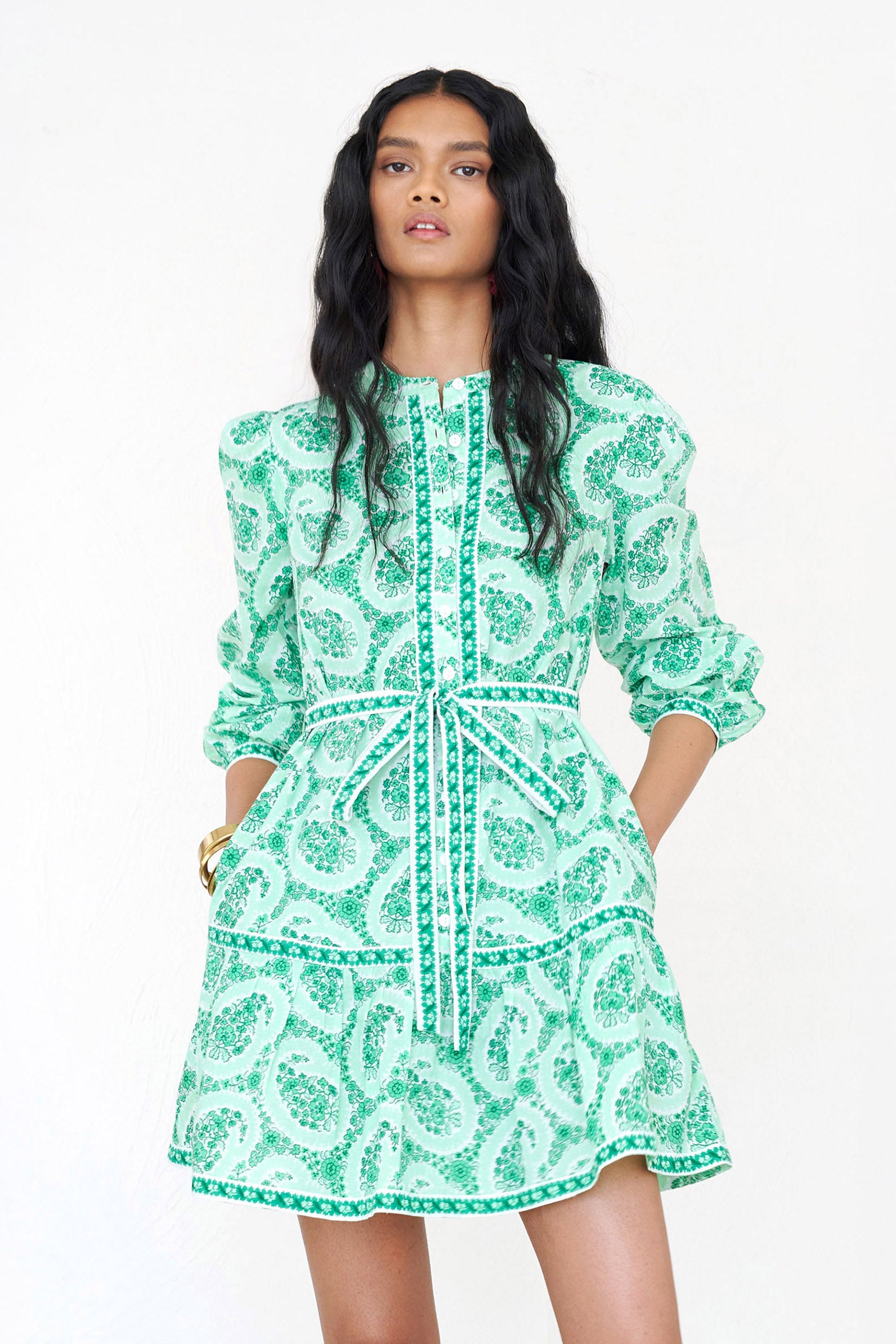 paisley cocktail dress Medellin Gathered Side-Tie Wrap Dress Paisley Beige
