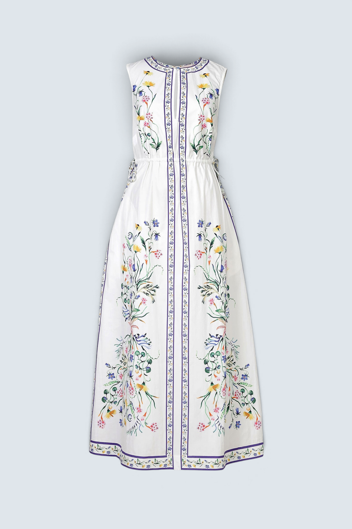 Banjanan Rhonda column dress in white with Tidepool floral print, crewneck, keyhole detail, and side drawstrings.