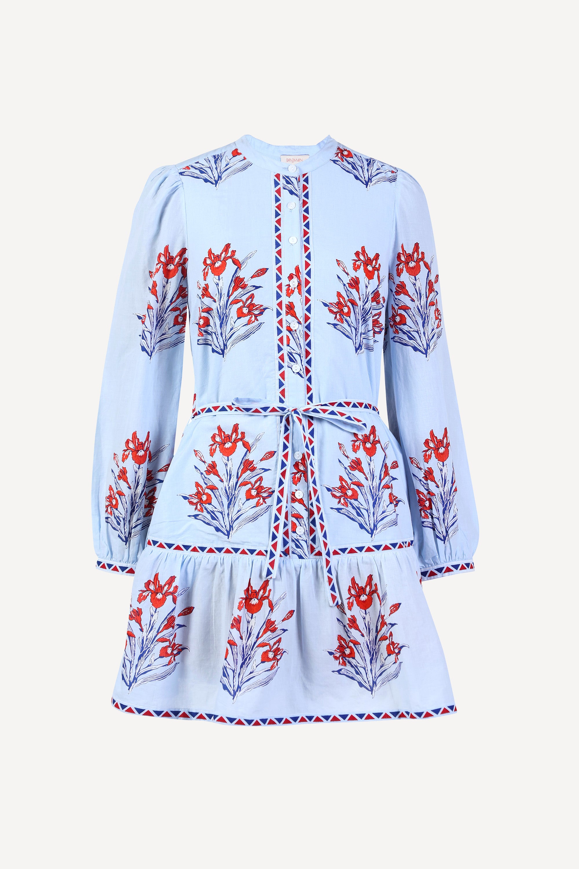 Front view of the Roma dress in the Brigitte print, featuring a mini shirtdress silhouette, contrast trim details, a detachable belt, and blooming iris floral motifs.