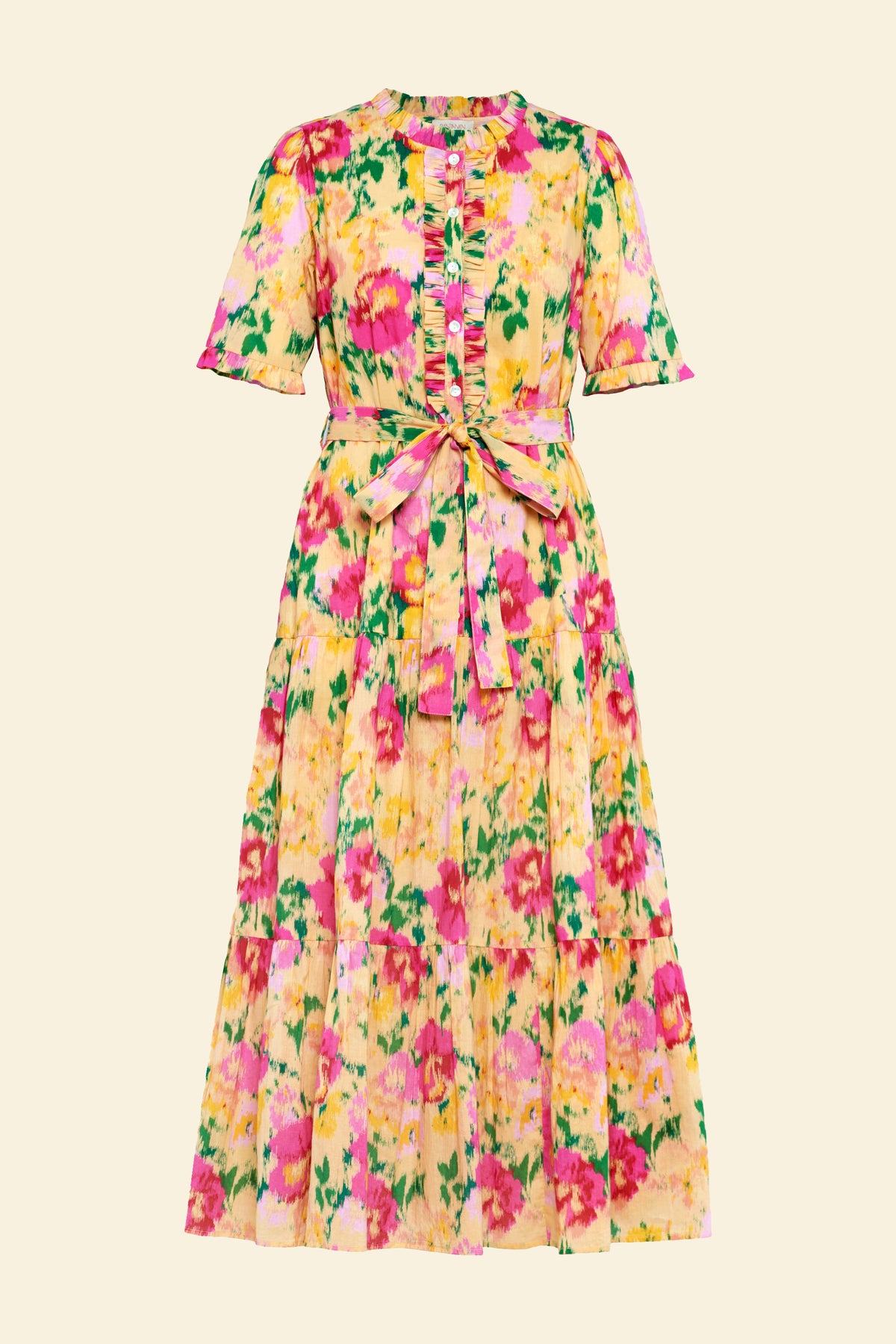Front view product image of the Saylor dress in Damask Rose floral print, featuring a frilled neckline, placket and sleeves, a tiered full-length skirt, and a detachable belt.