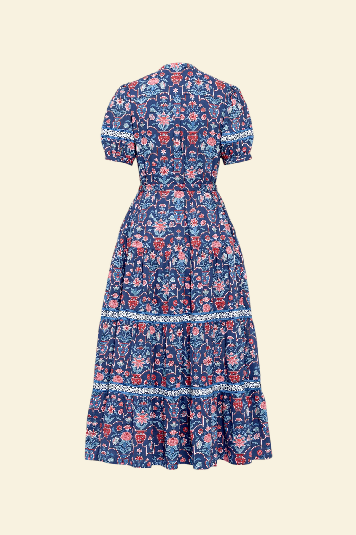 Banjanan Saylor full-length shirtdress in medieval blue floral vase print with lace trim and tiered skirt, back view.