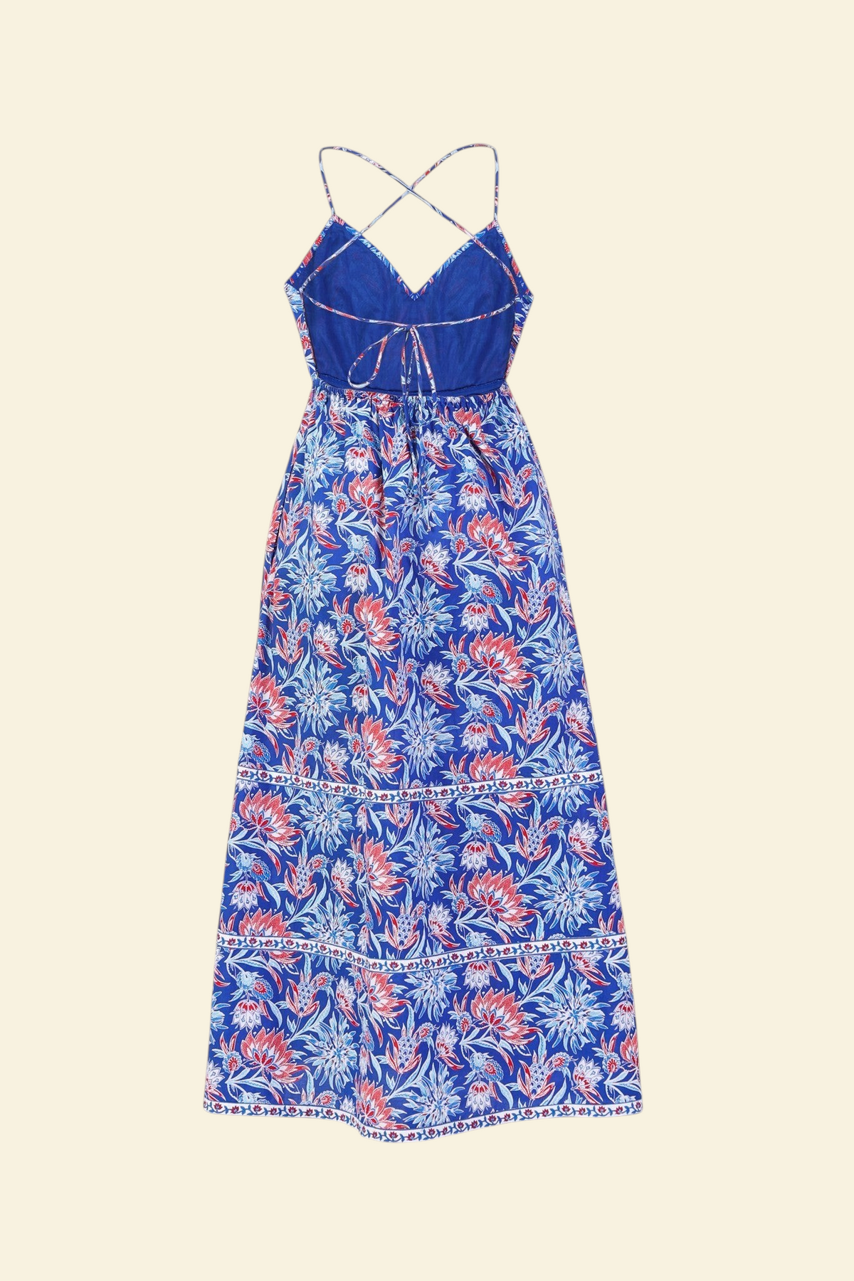 Banjanan Sofia sundress in blue Philippa nautical floral print cotton voile with strappy open back and tie detail.