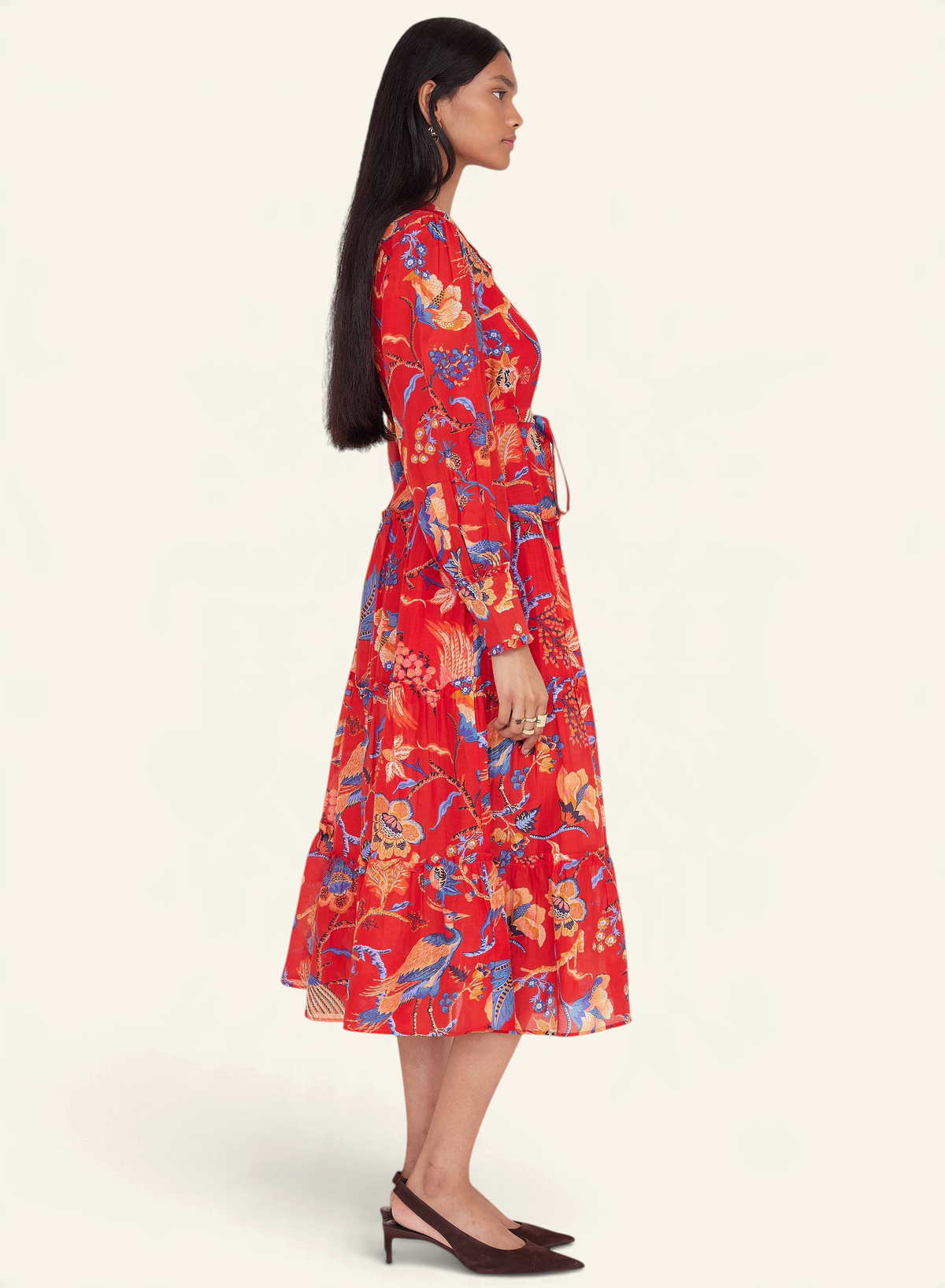 Banjanan Emira dress in carmine red cotton silk with a vintage-inspired floral chintz print and ruffled skirt.