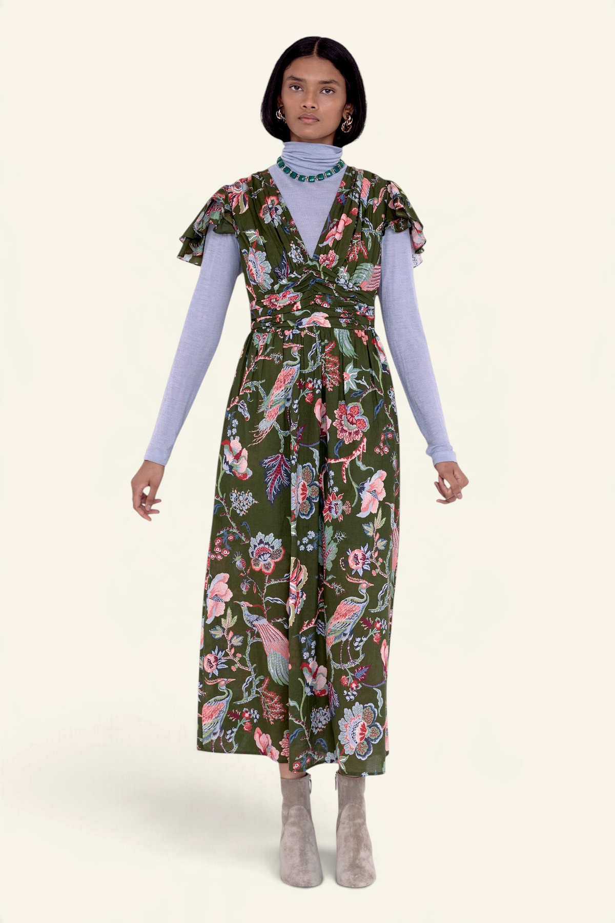Banjanan Adele dress in moss green Chintz floral print with v-neck, flutter sleeves, and pleated bust detail.