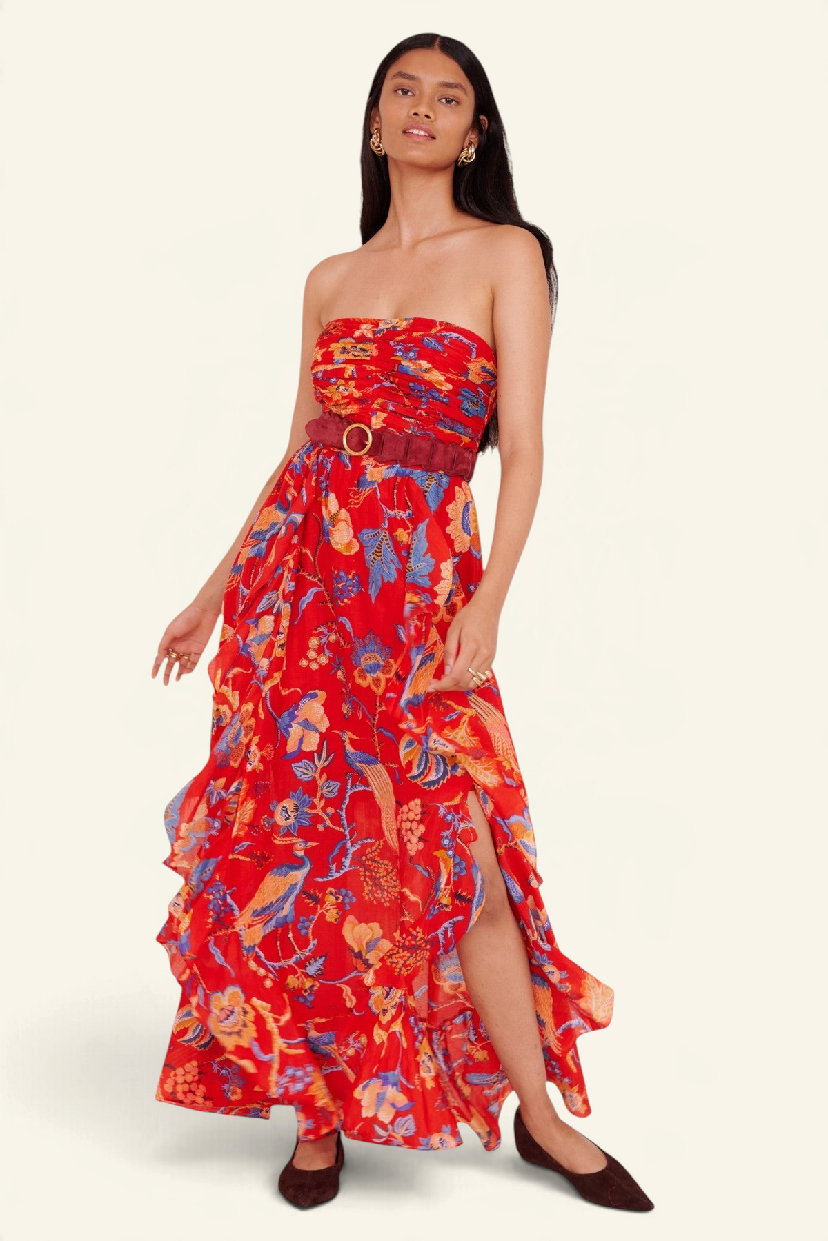 Banjanan Bella dress in red Chintz floral print with a strapless ruched bodice and cascading ruffled skirt