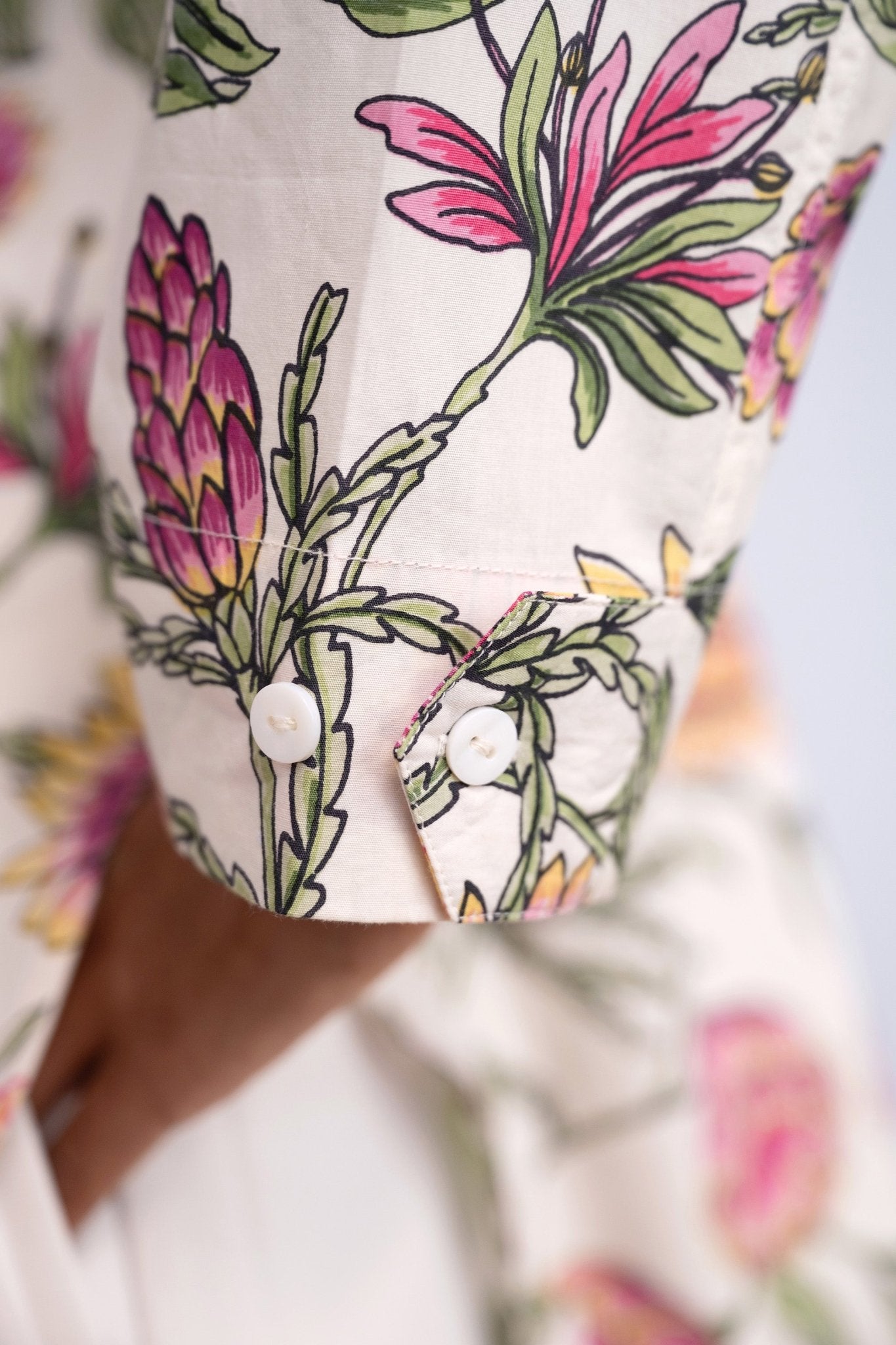 Close up of sleeve cuff detail of Charlotte Shirt Protea Cypress.