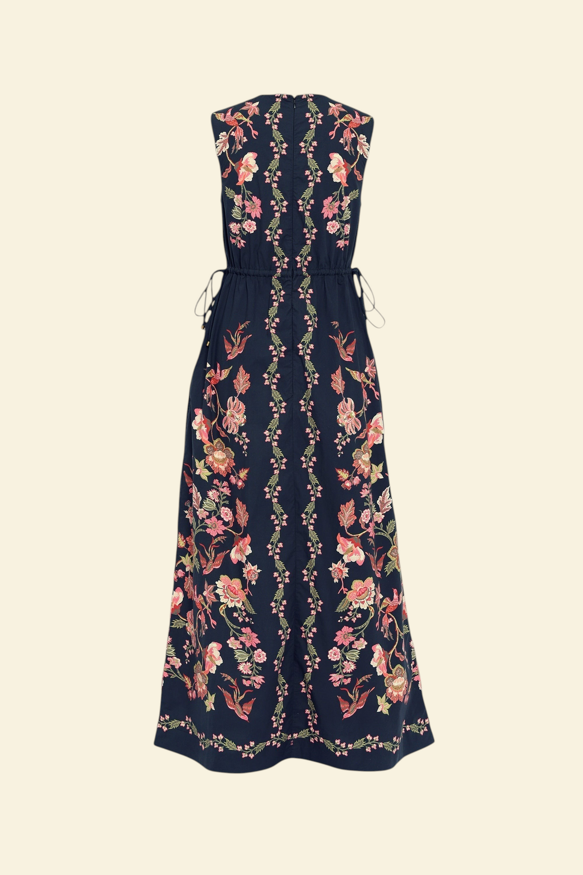 Banjanan Rhonda column dress in black with vintage-inspired floral and bird print, featuring side-seam pockets.