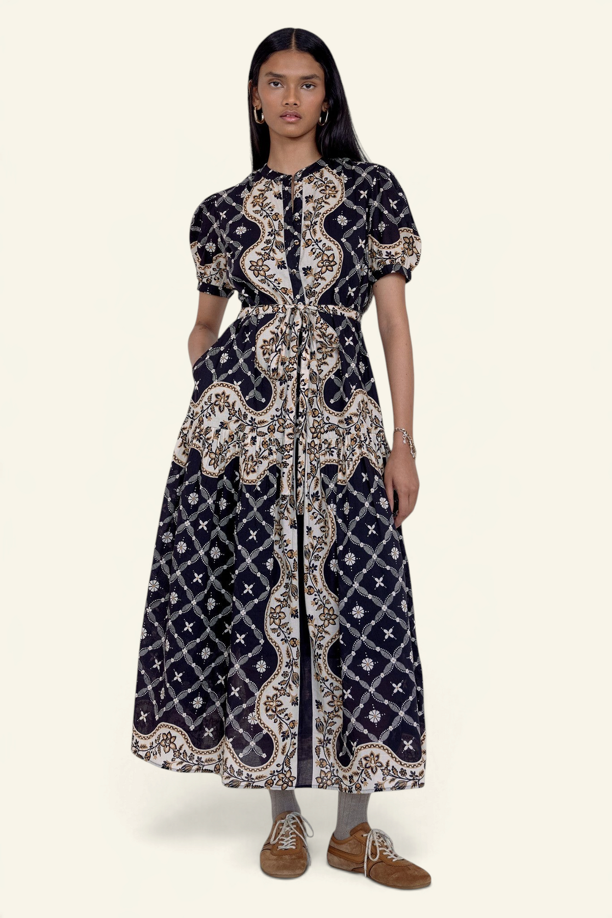 Banjanan Saylor full-length shirtdress in black with Victorian-inspired white and tan bandana print and belted waist.