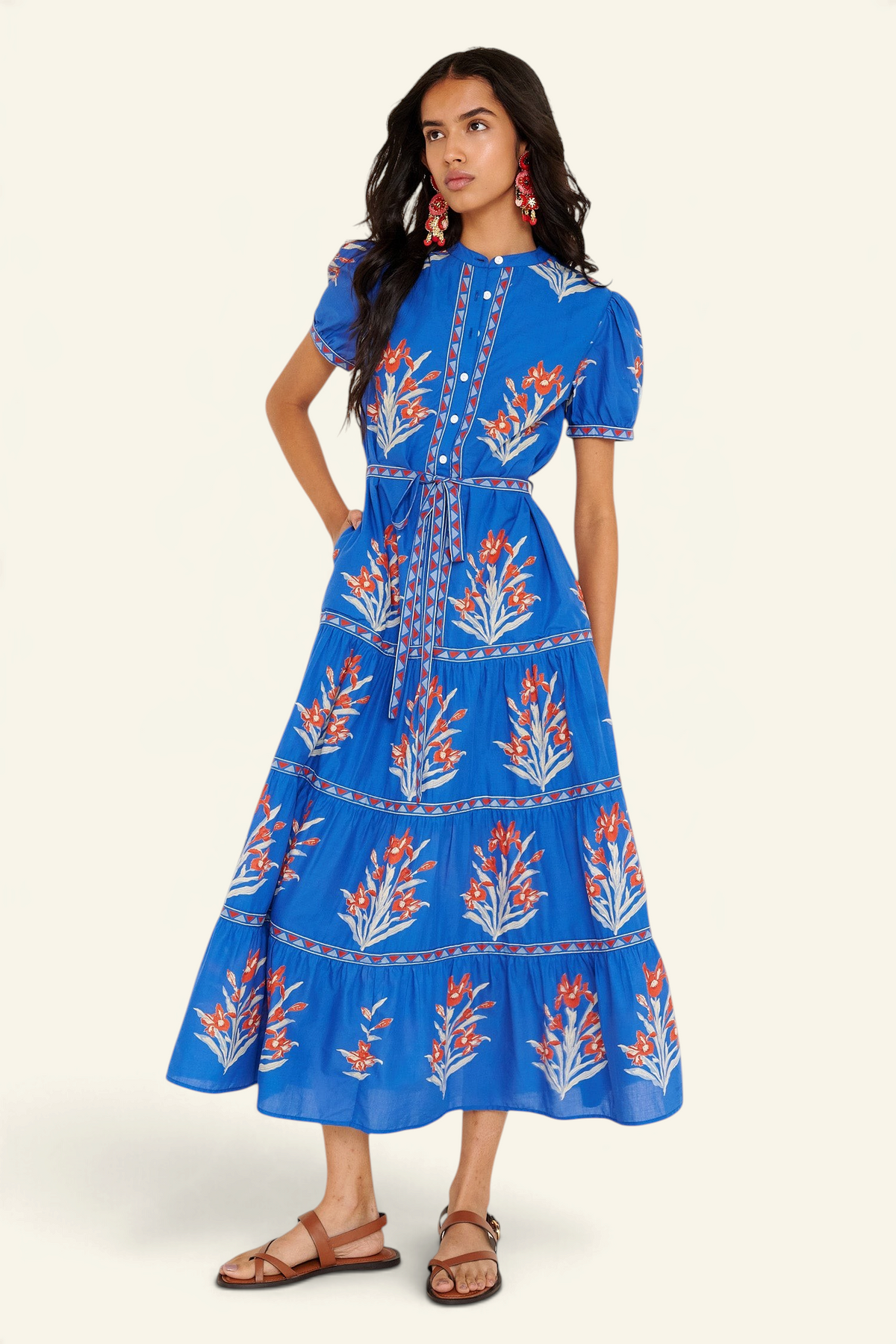 Banjanan Saylor dress in blue Brigitte nautical floral print with tiered skirt, puff sleeves, and detachable belt.
