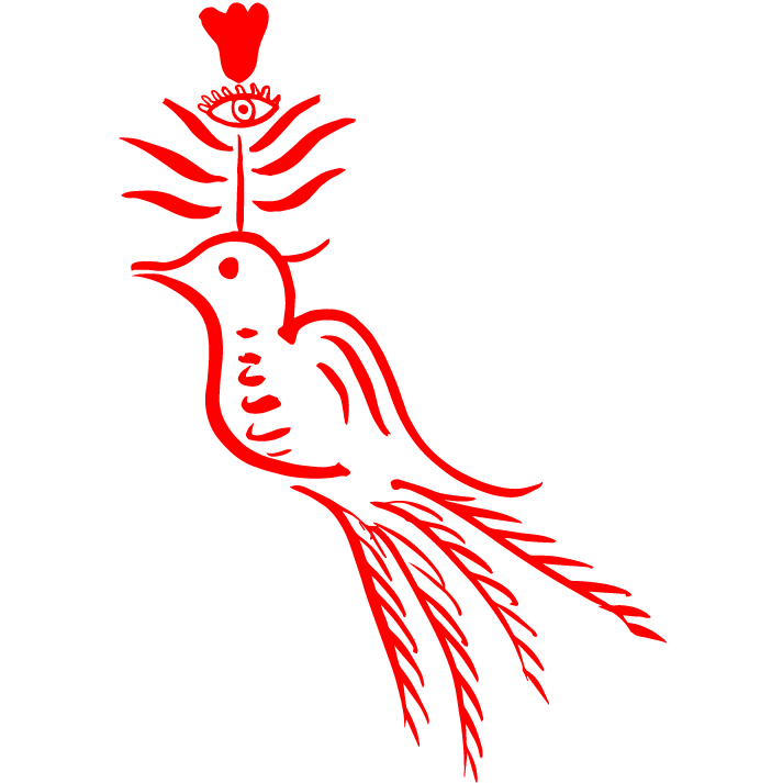 Banjanan's bird motif in color red.