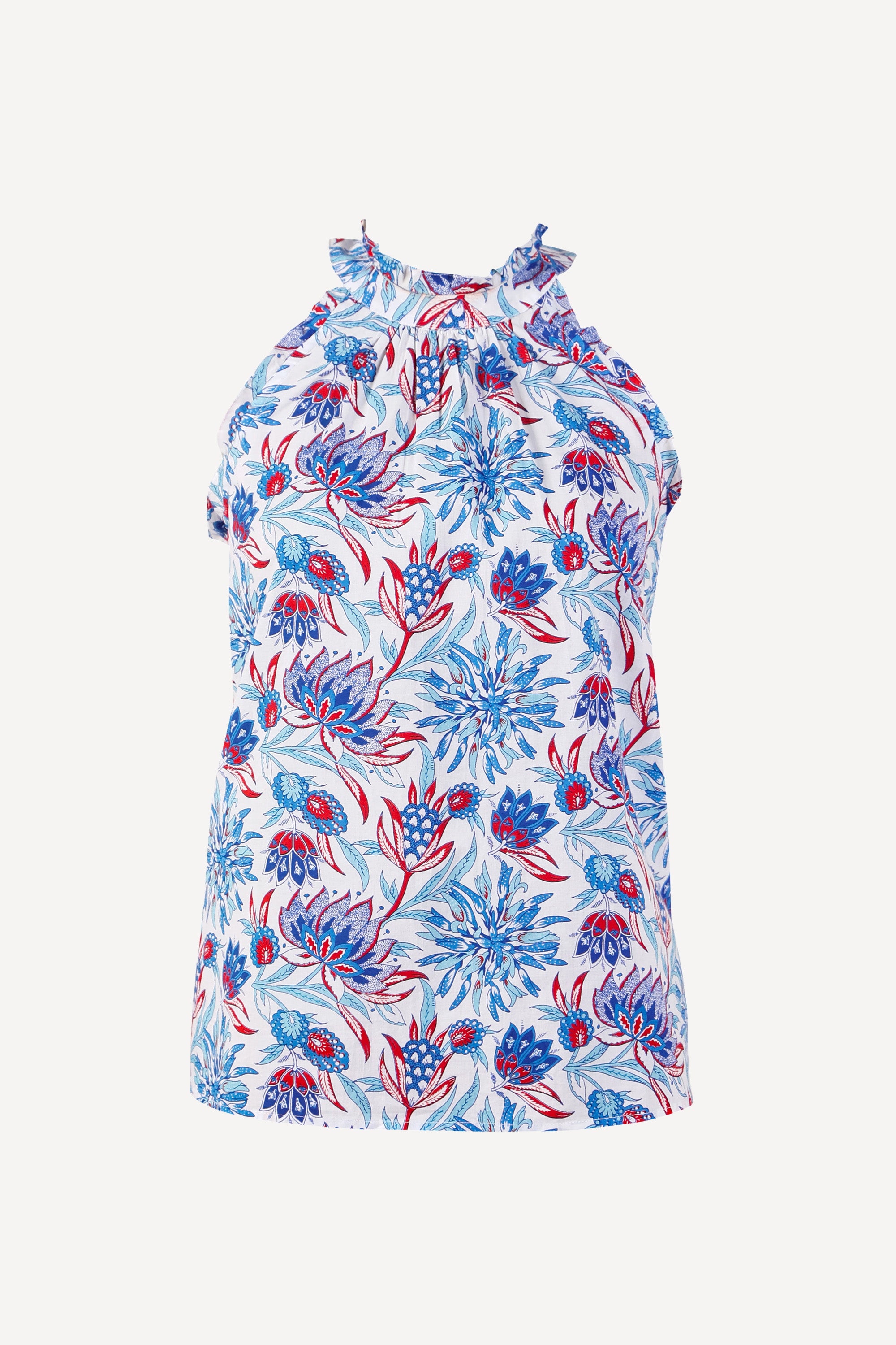 Front view the Amy sleeveless top in Philippa floral print with subtle ruffle neckline.