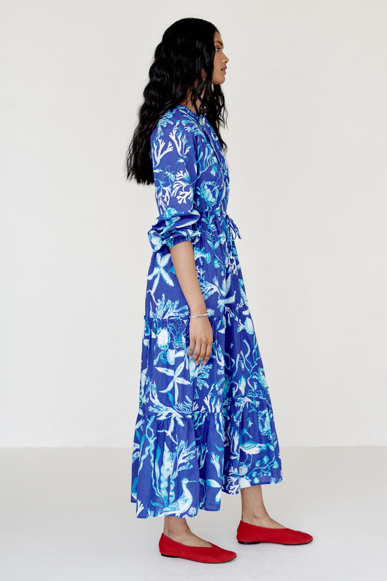 Bazaar Dress Tidepool Cyan - Elegant Tiered Ankle Dress | Banjanan