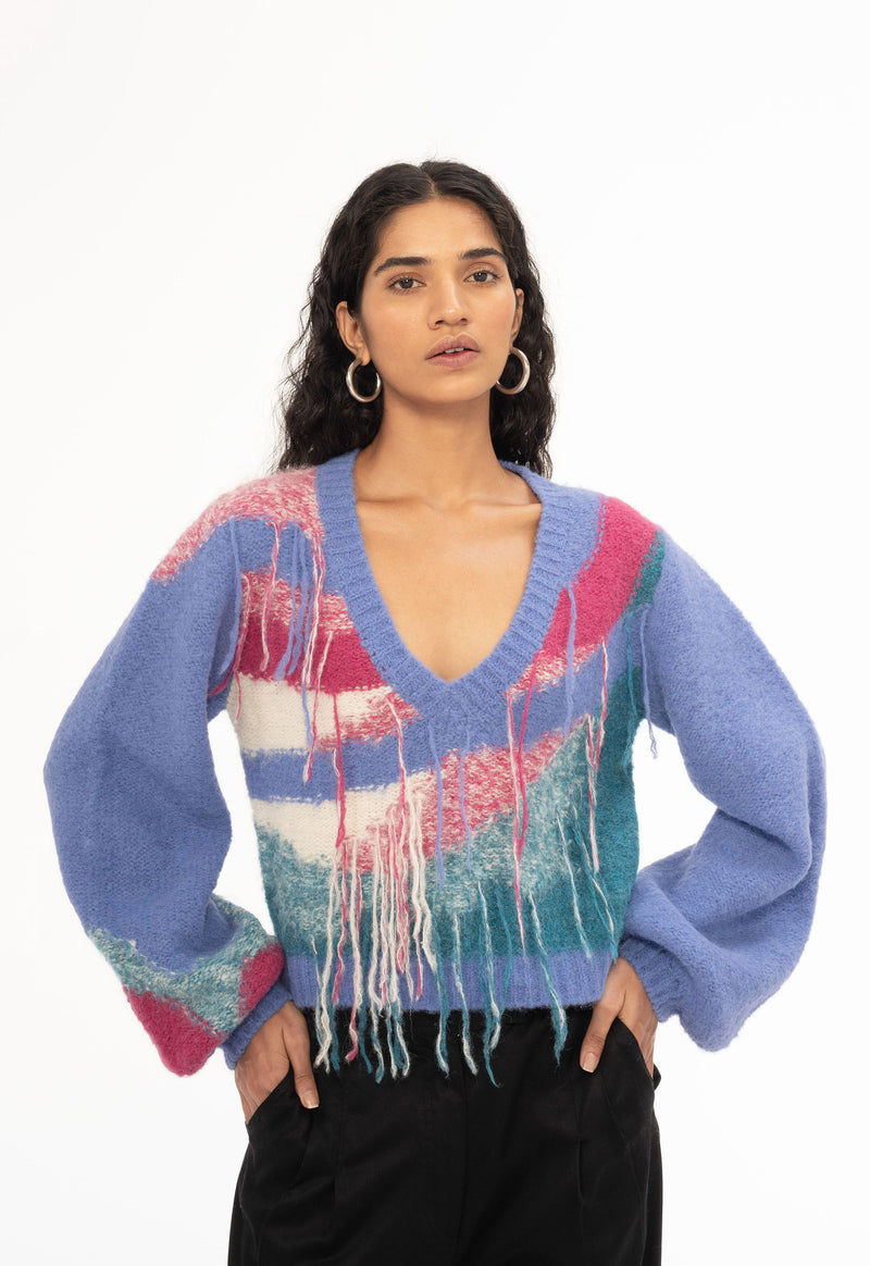 Maya V-Neck Feather Print Sweater