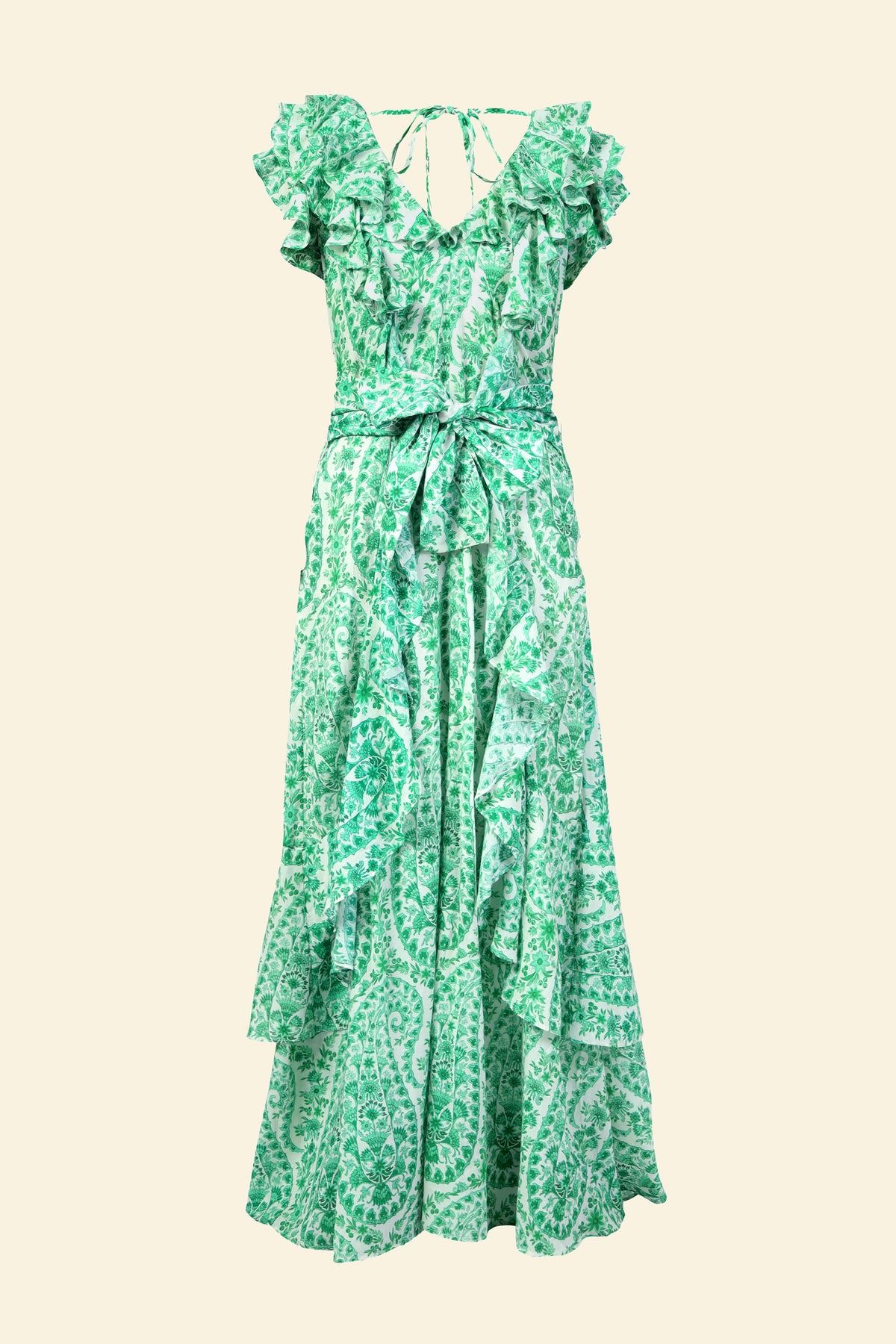 Banjanan Beatrice full-length dress in green paisley cotton silk with ruffled bodice and waist tie