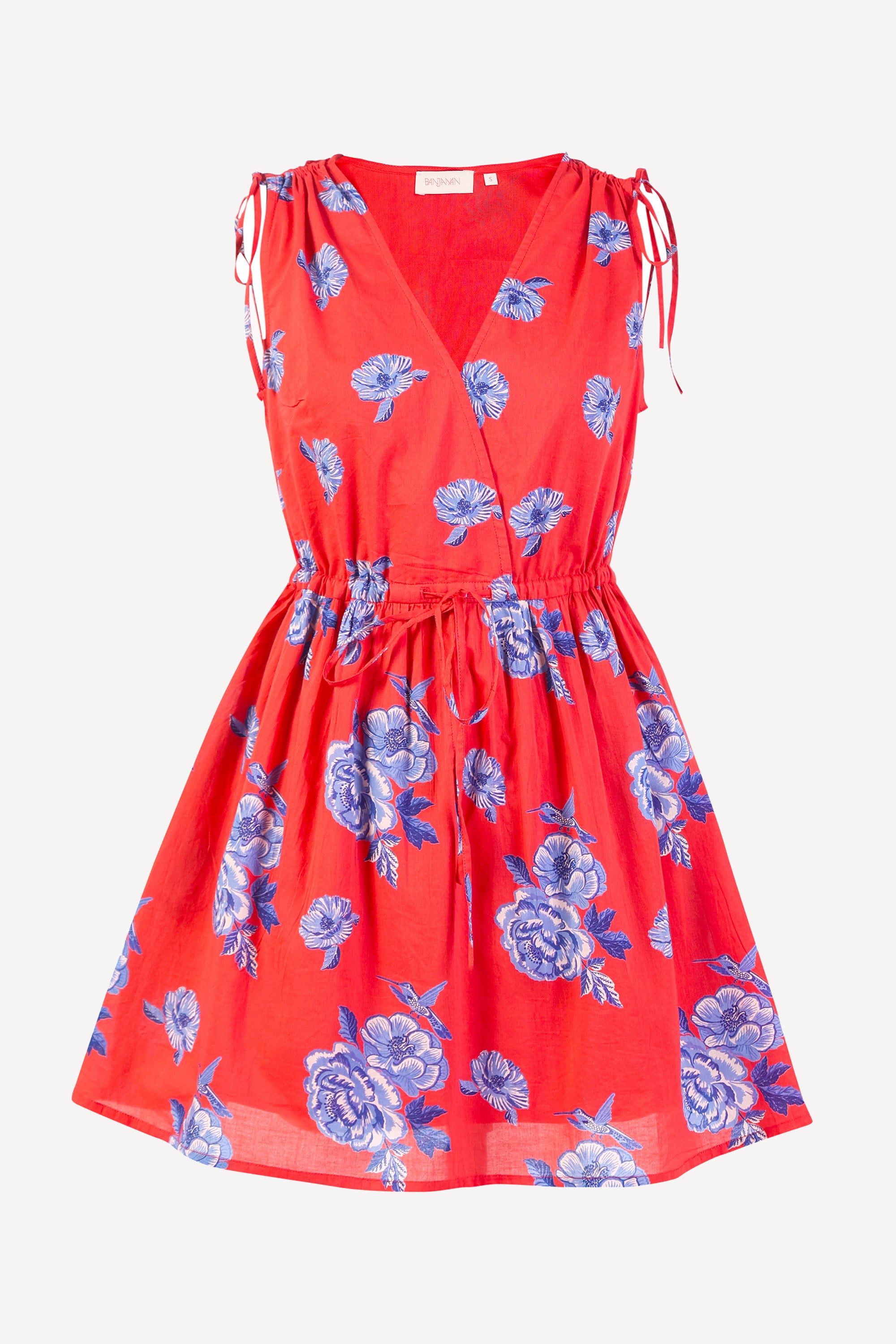 Front view of the Becca dress in the Eliza Rose print, featuring a mini-dress silhouette, adjustable waist, shoulder ties, and floral motifs with blue roses and hummingbirds.