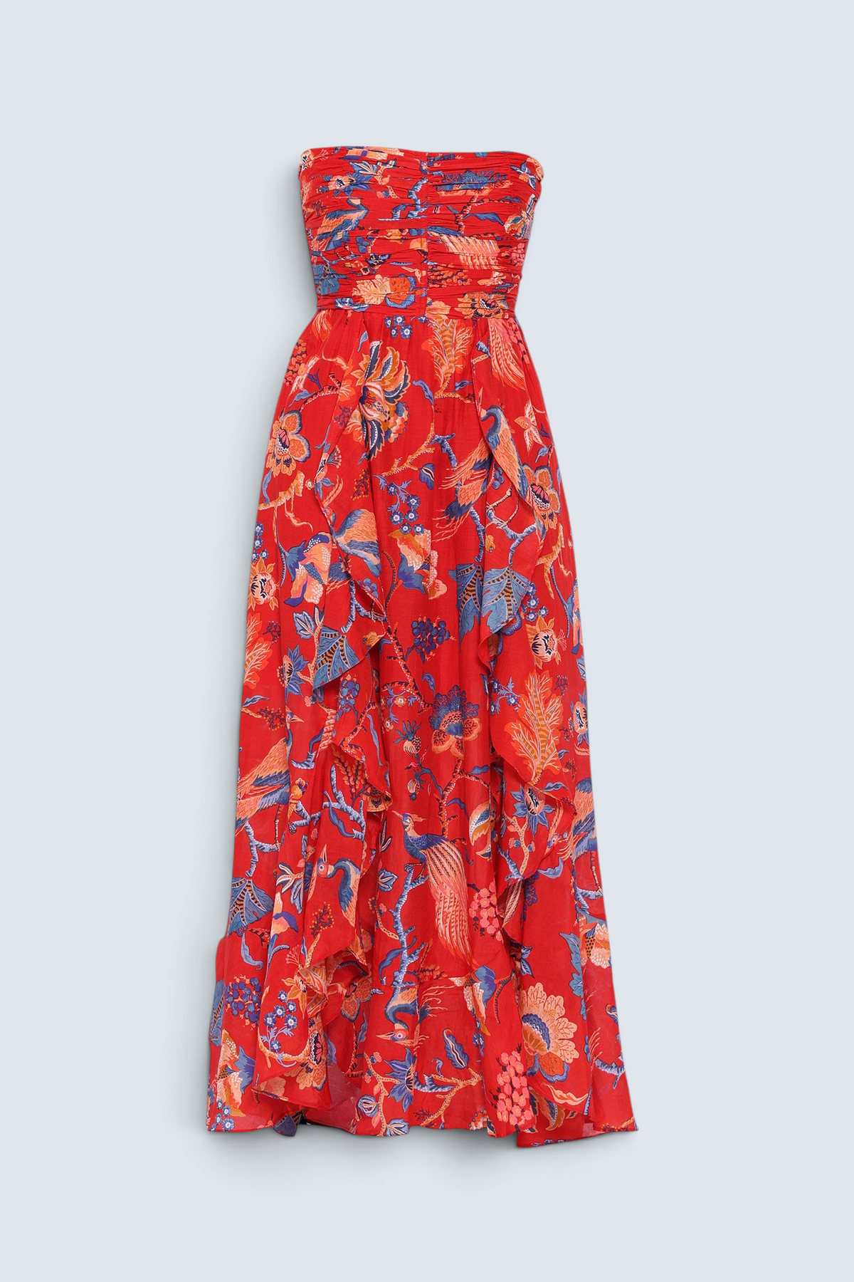 Banjanan Bella full-length dress in red Chintz print cotton silk with a ruched bodice and cascading ruffled skirt.