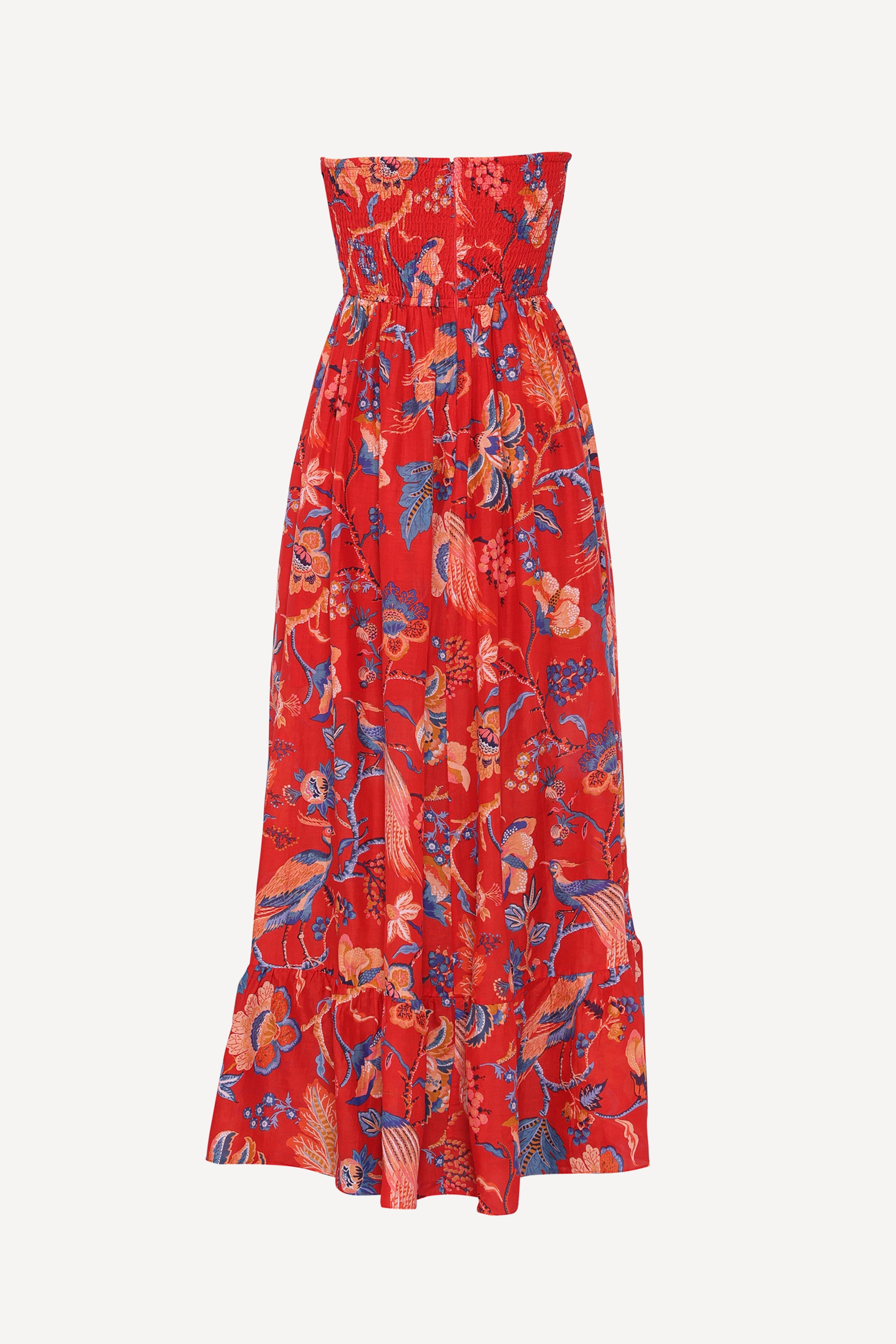 Back view of the Bella dress in Chintz print. It features a full-length cascading skirt, subtle frill detail, ruched bodice, and smocked back.