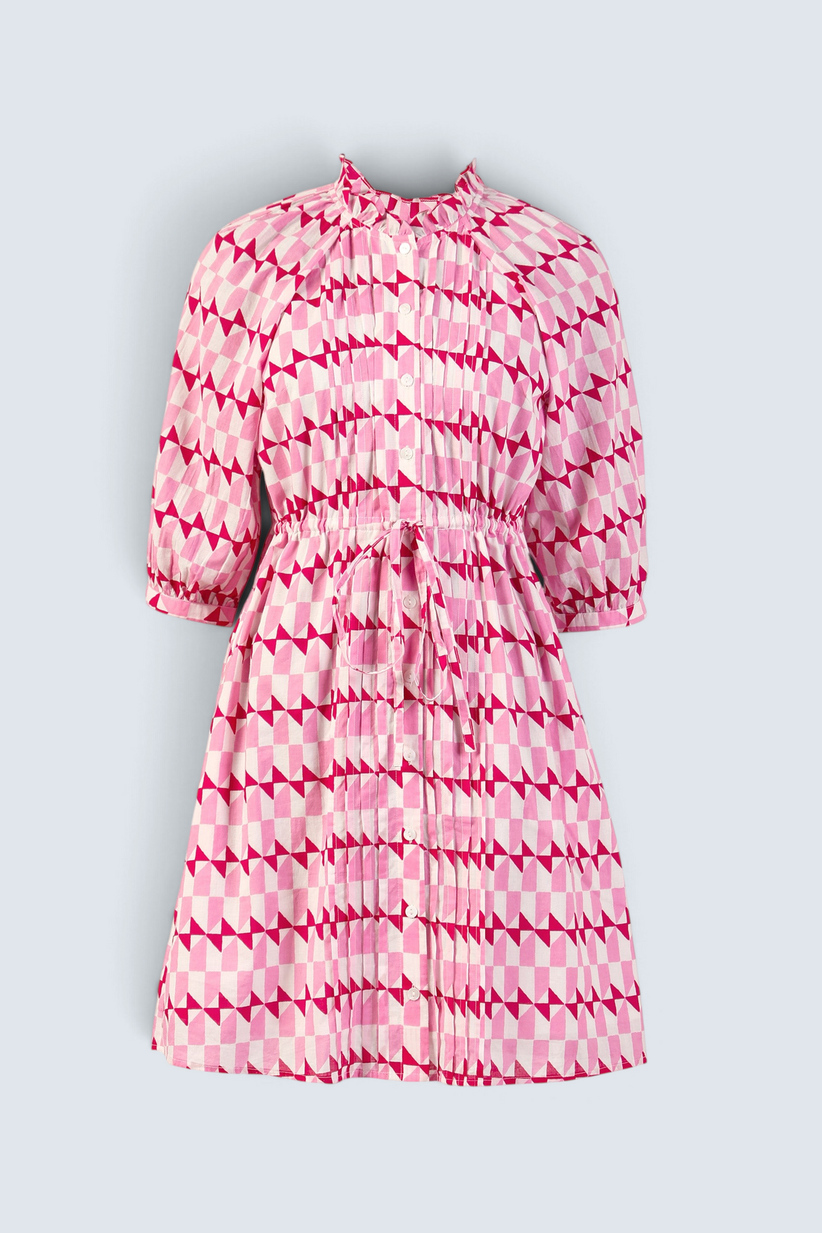 Front view of the Benita shirtdress in Stevie geometric print with button front, drawstring waist, and side pockets.
